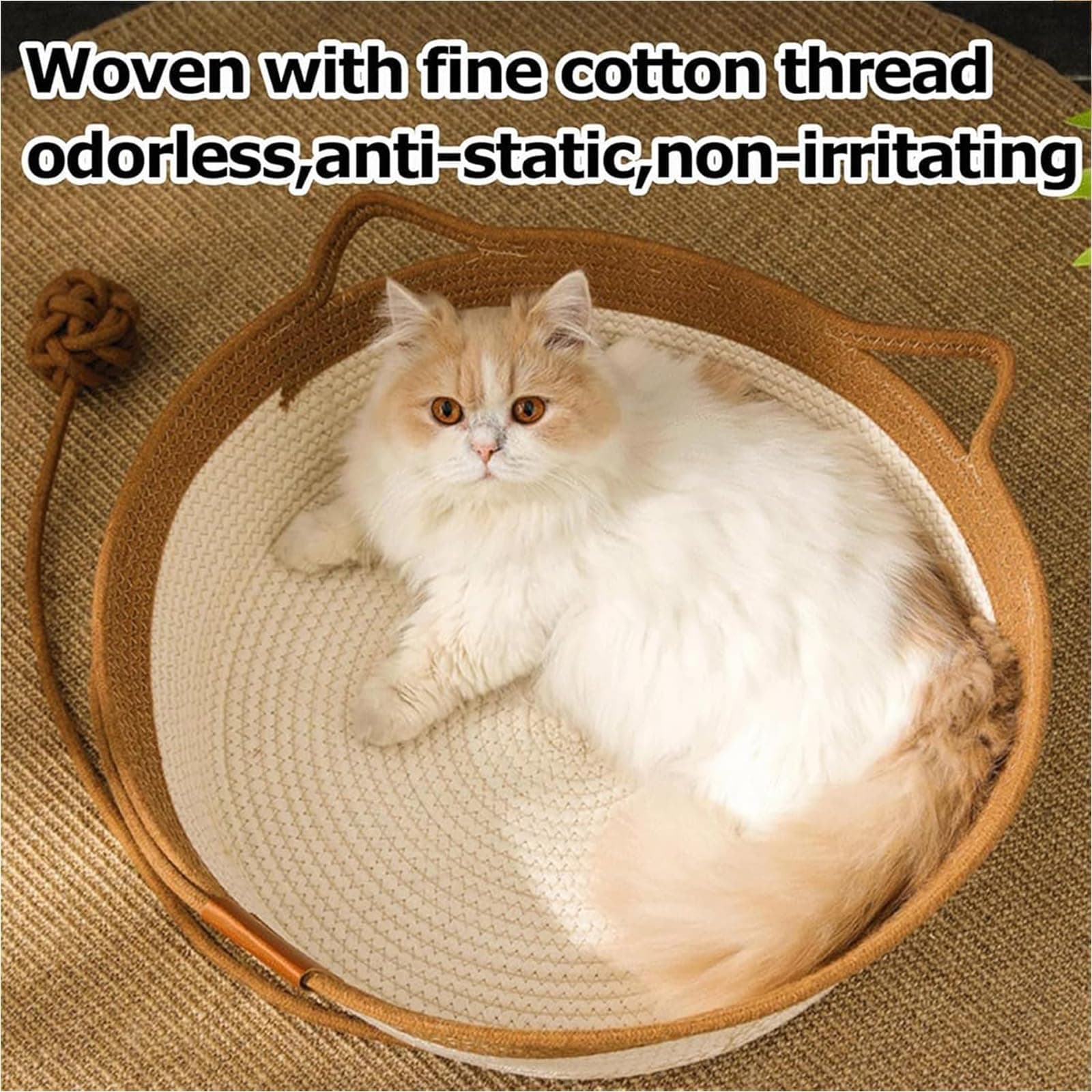 FHKPET Stimuli Handwoven Large Cat Basket Rope Cotton Round Boho Catbed - Thumbnail 2