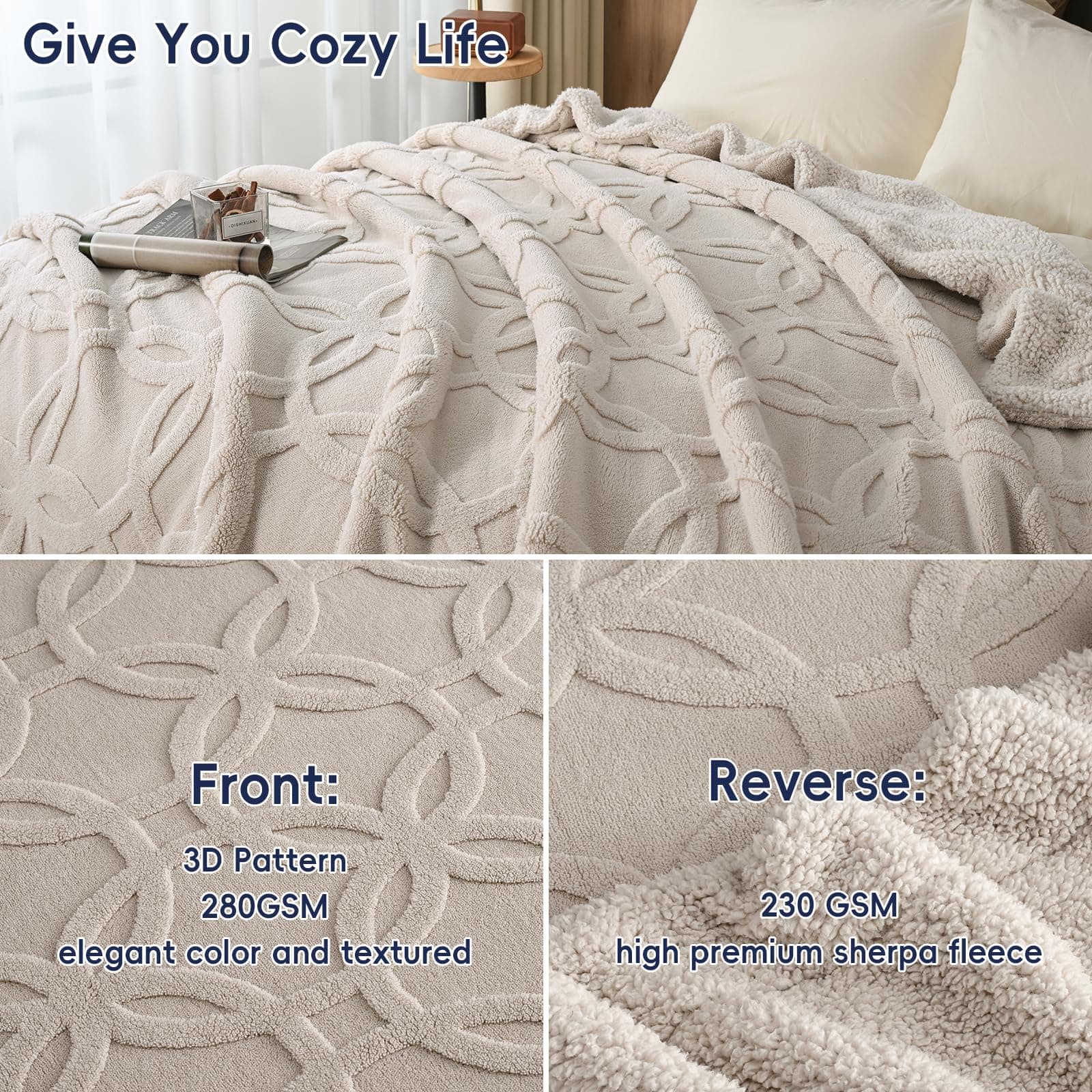 PHF Sherpa Fleece Blanket King Size 108" x 90" Oak - Thumbnail 3