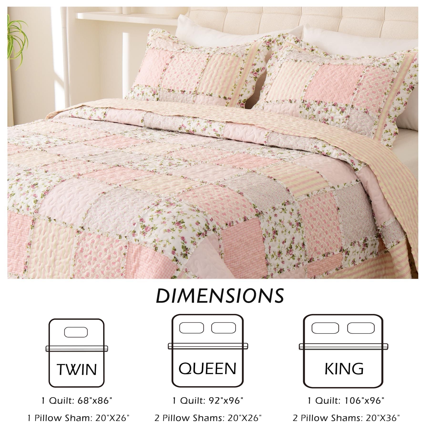 Cmfshape Floral Quilt Set Queen 3 Piece Patchwork Pink Yellow 2 Pillow Shams - Thumbnail 4