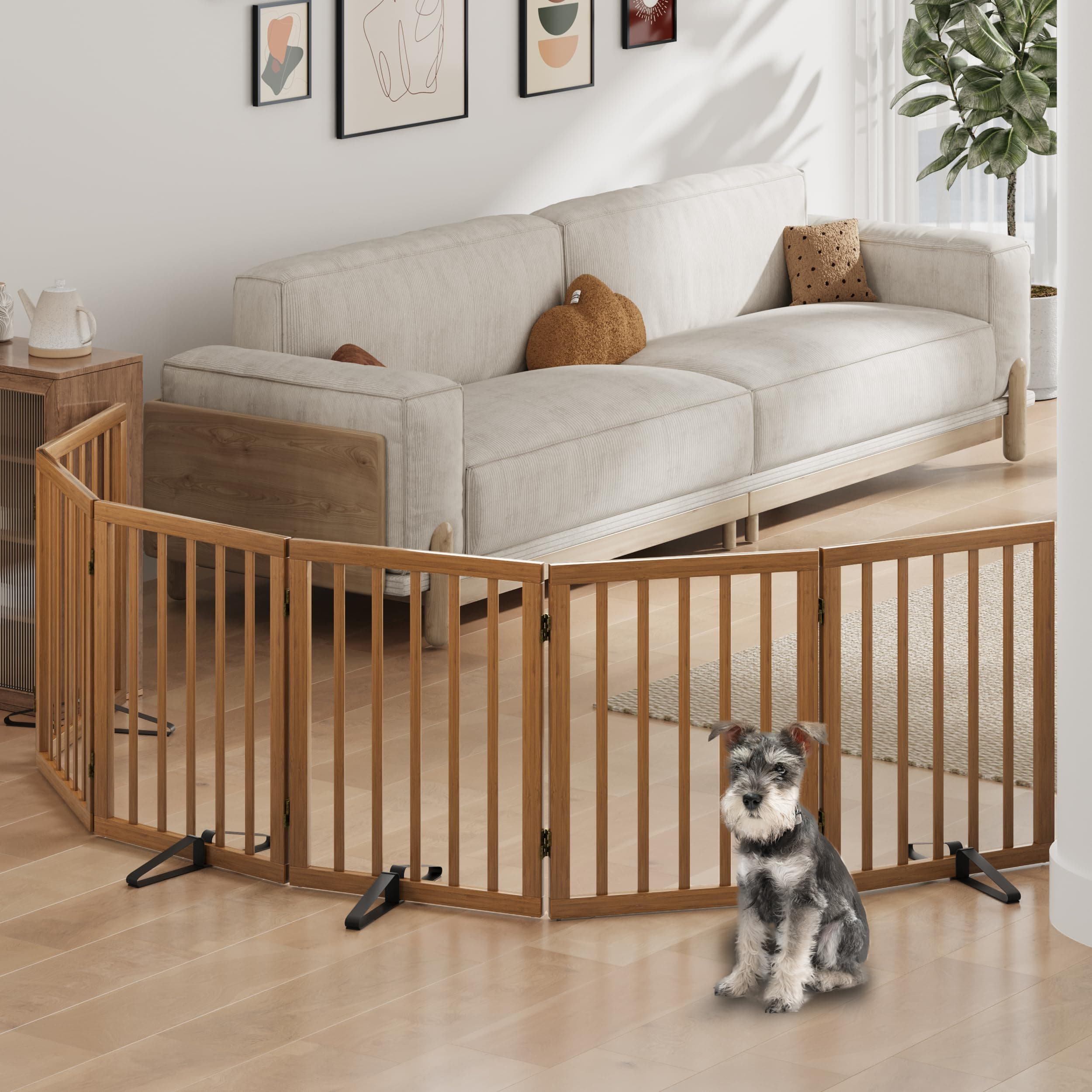 Algherohein Dog Gate 6 Panels Walnut Freestanding Pet Gate Doorway - Thumbnail 5