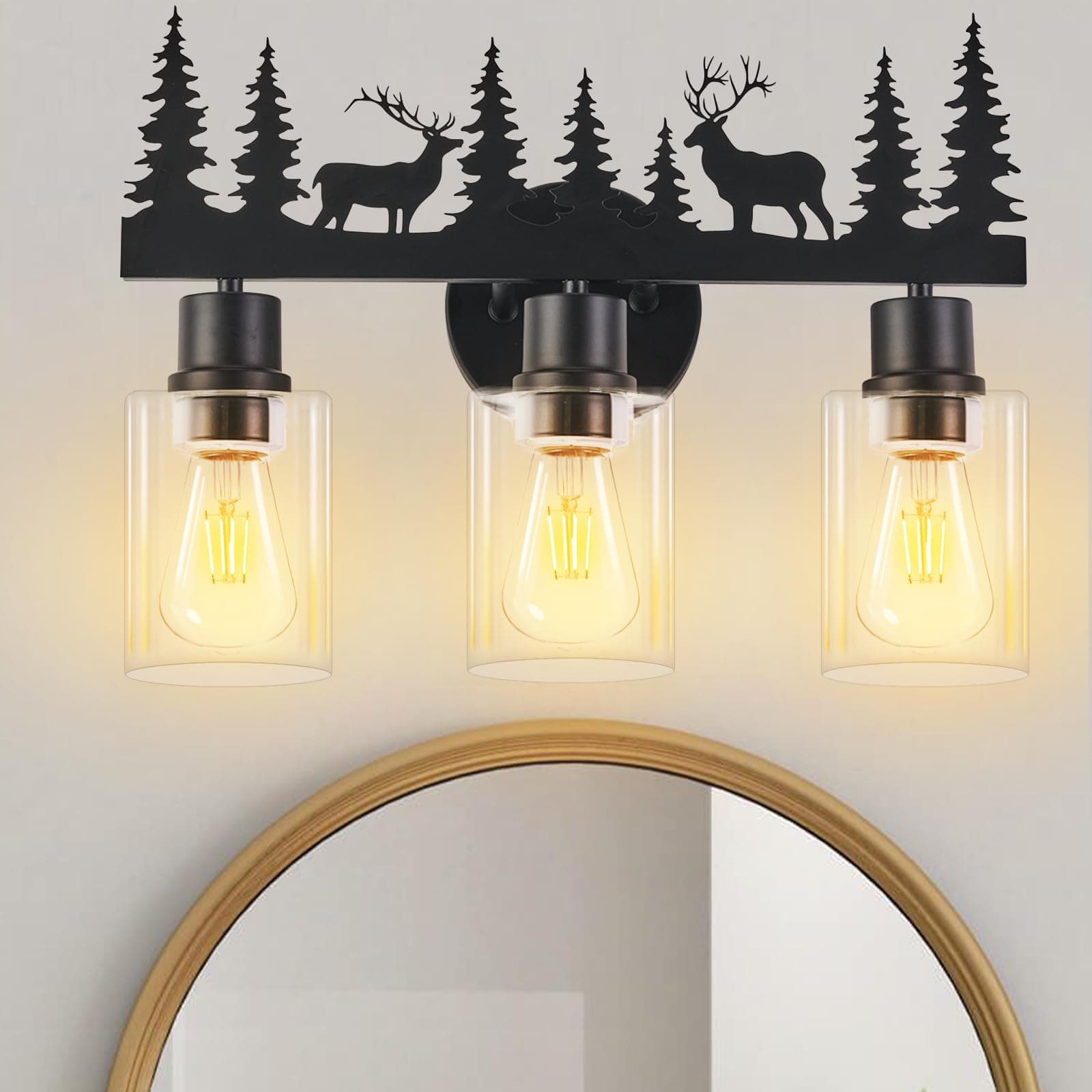 Monyohame Rustic 3-Light Farmhouse Vanity Light Deer Design Black Clear Glass