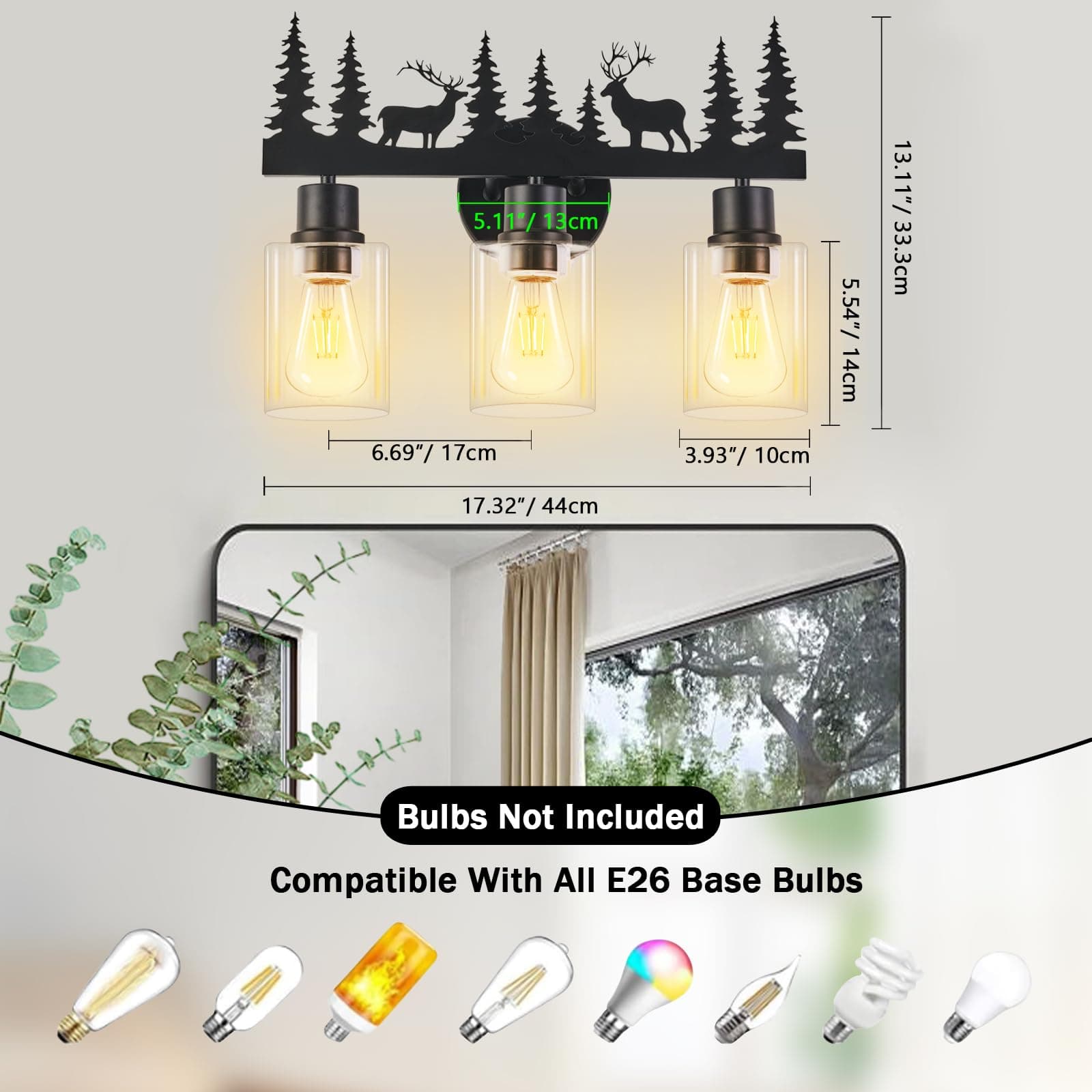 Monyohame Rustic 3-Light Farmhouse Vanity Light Deer Design Black Clear Glass - Thumbnail 2