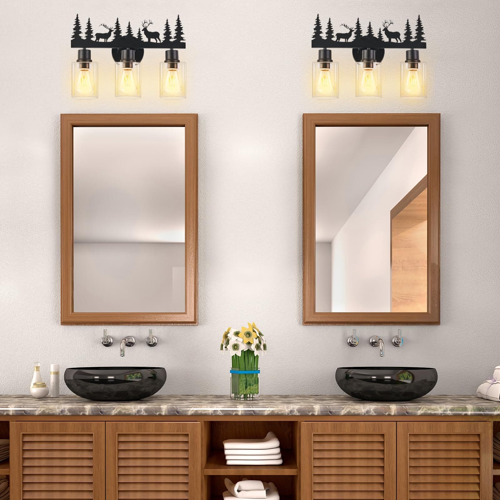 Monyohame Rustic 3-Light Farmhouse Vanity Light Deer Design Black Clear Glass - Thumbnail 4
