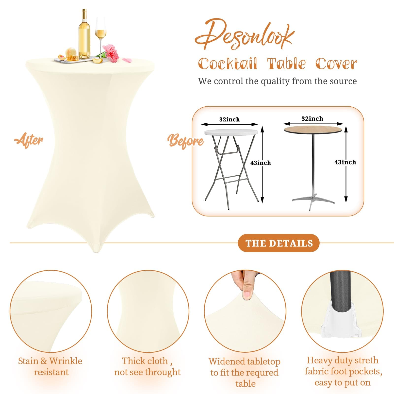 Pesonlook 10 Pack Spandex Tablecloth 32"x43" Beige Fitted High Top Table Cover - Thumbnail 3