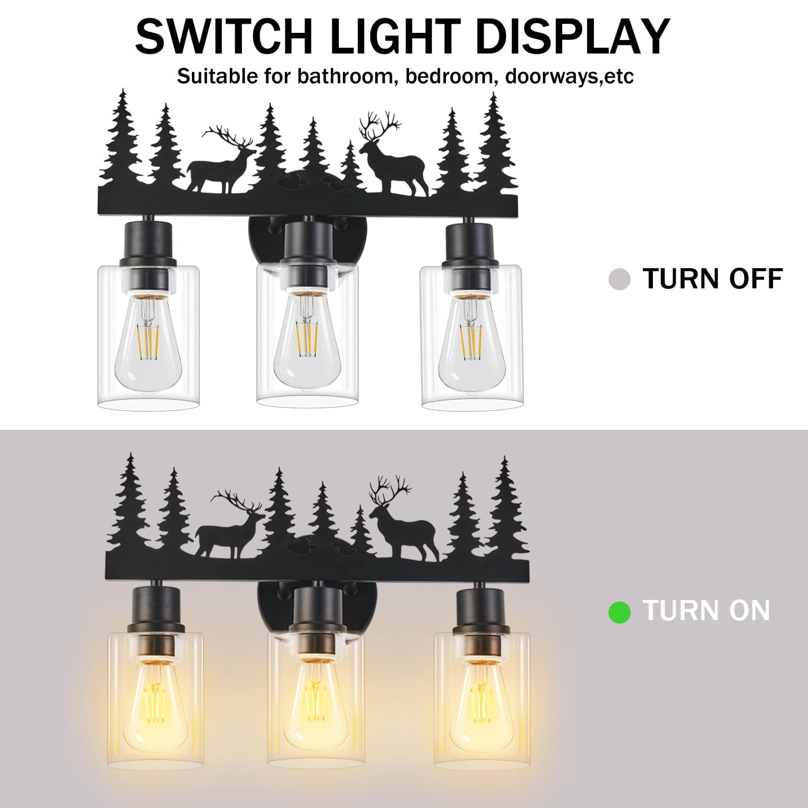 Monyohame Rustic 3-Light Farmhouse Vanity Light Deer Design Black Clear Glass - Thumbnail 6