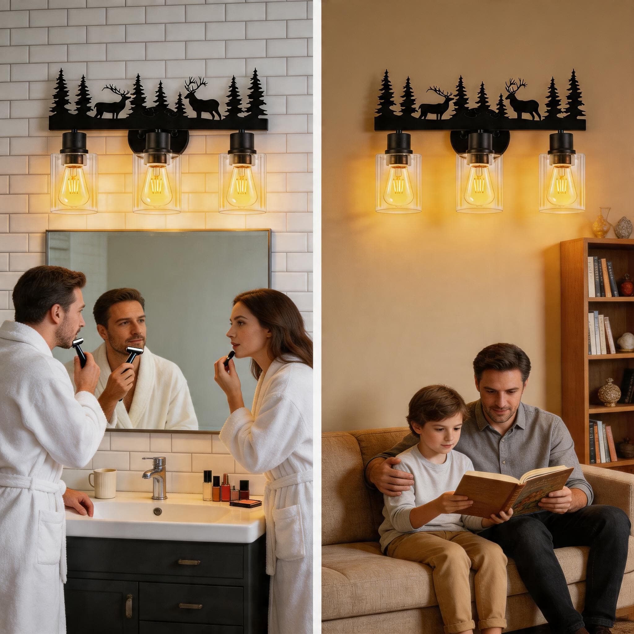 Monyohame Rustic 3-Light Farmhouse Vanity Light Deer Design Black Clear Glass - Thumbnail 8