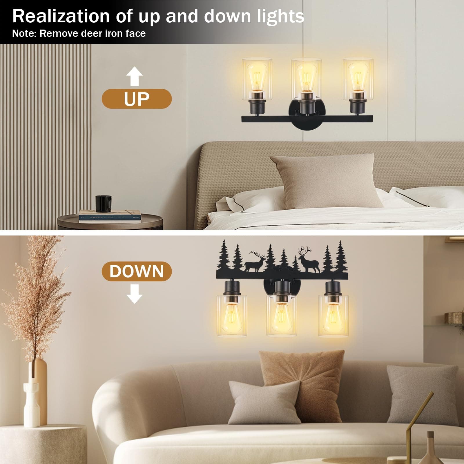 Monyohame Rustic 3-Light Farmhouse Vanity Light Deer Design Black Clear Glass - Thumbnail 5
