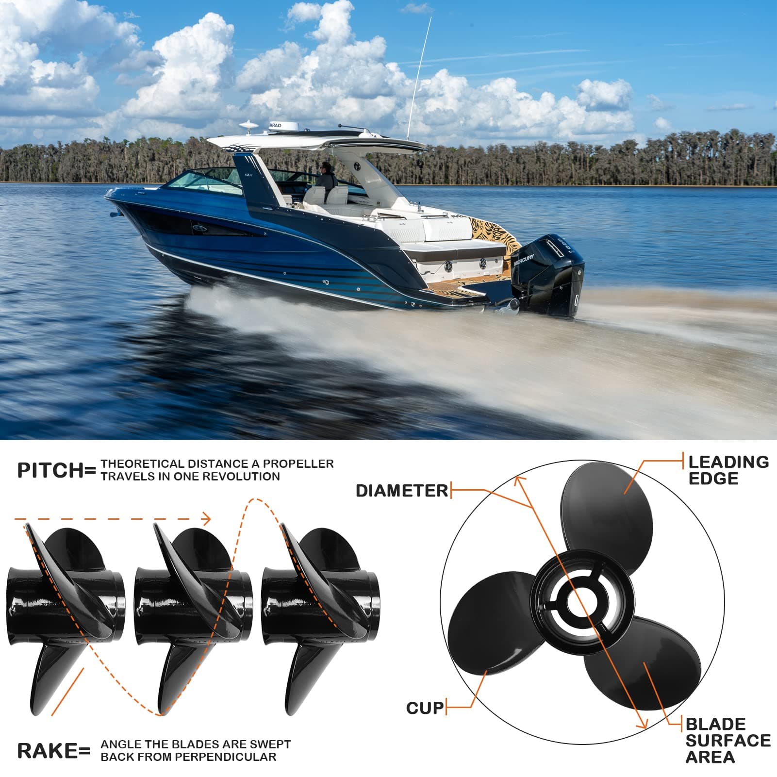 14-1/4" x 21 Pitch 3-Blade Aluminum Propeller for Mercruiser Alpha One Mercury - Thumbnail 5