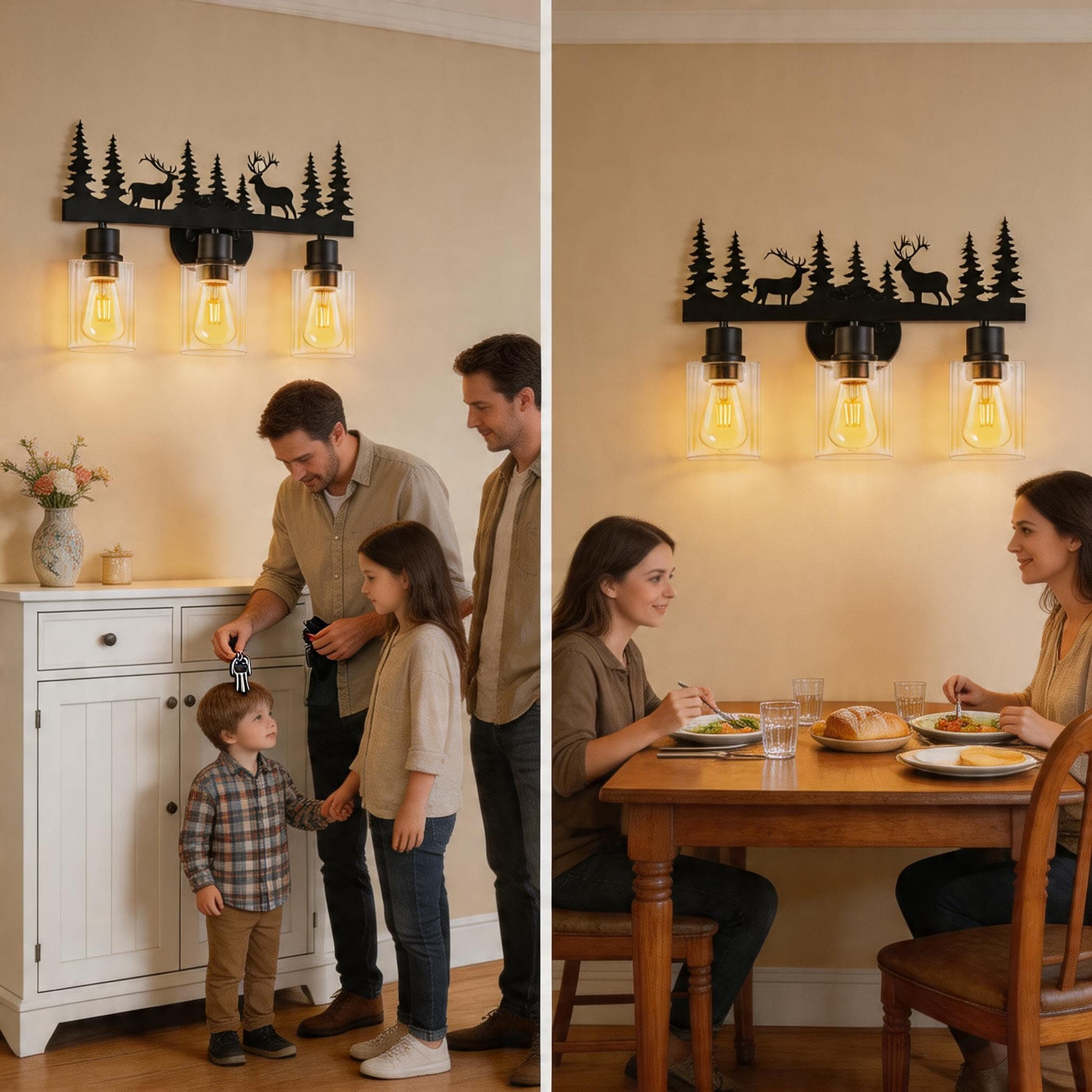 Monyohame Rustic 3-Light Farmhouse Vanity Light Deer Design Black Clear Glass - Thumbnail 7
