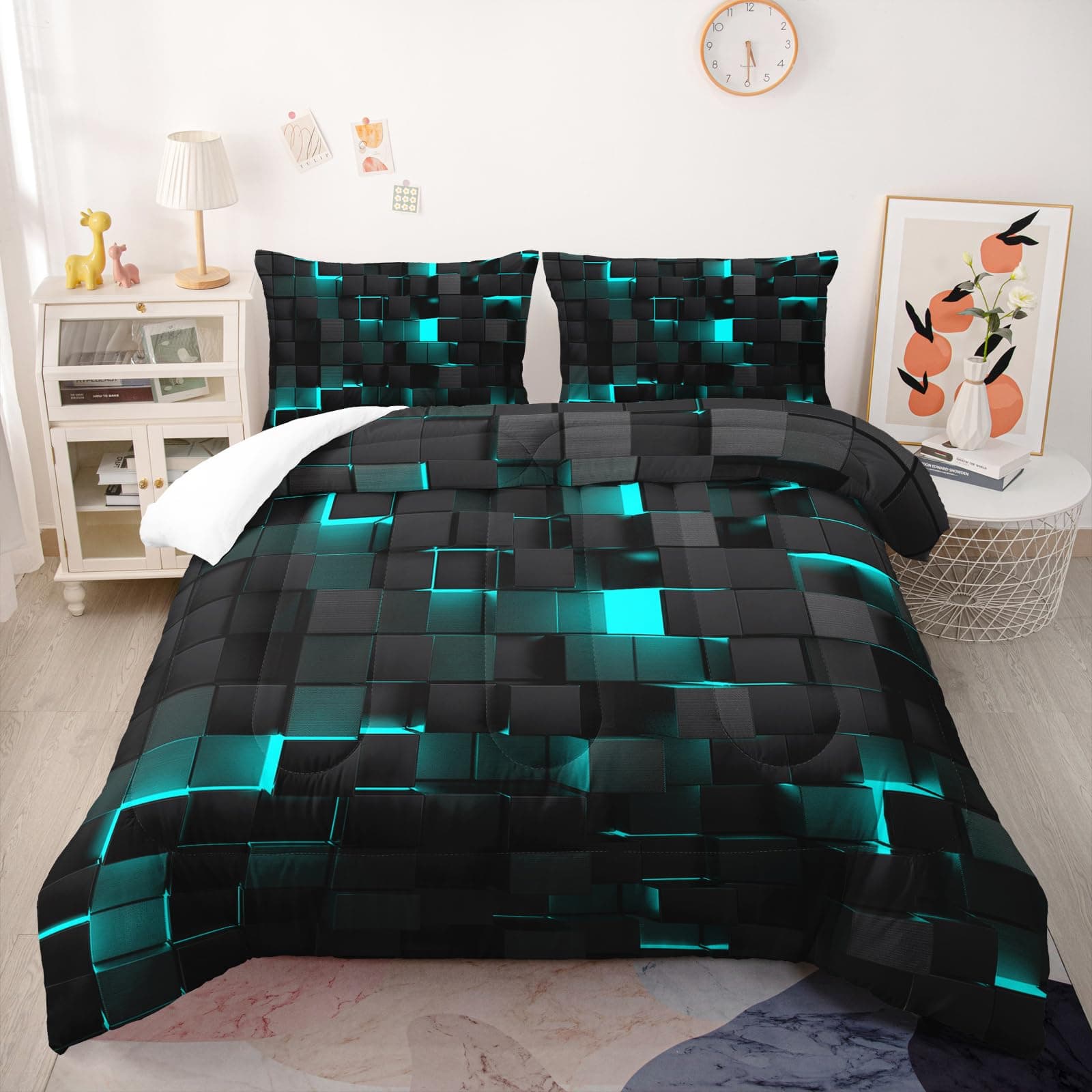 Geometric Turquoise Black King Size Comforter Set 1 Comforter 2 Pillowcases - Thumbnail 2
