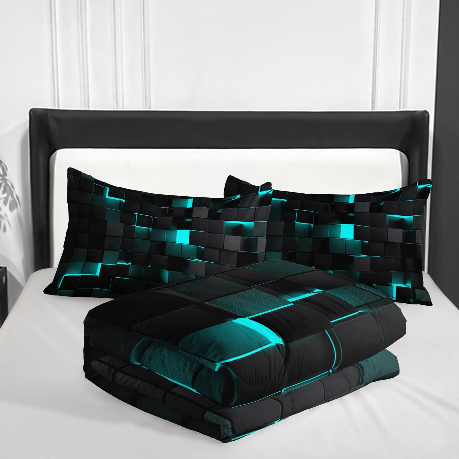 Geometric Turquoise Black King Size Comforter Set 1 Comforter 2 Pillowcases - Thumbnail 4