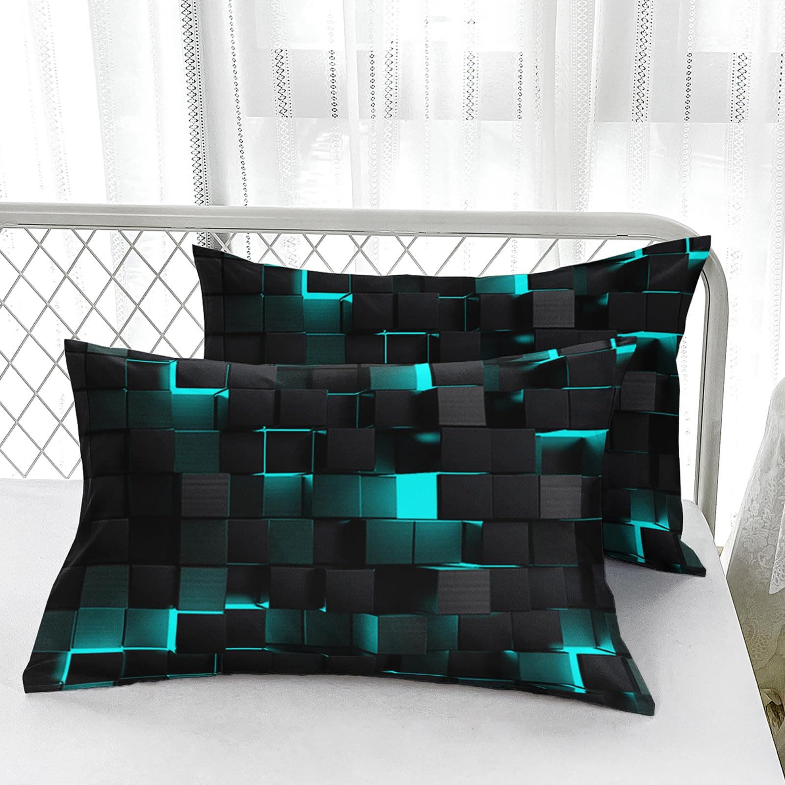 Geometric Turquoise Black King Size Comforter Set 1 Comforter 2 Pillowcases - Thumbnail 5