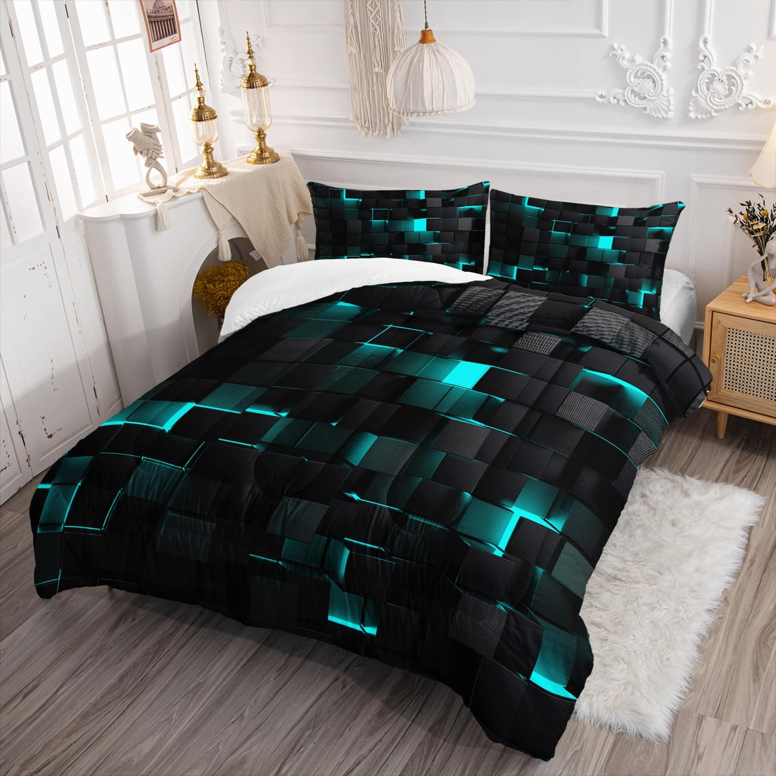 Geometric Turquoise Black King Size Comforter Set 1 Comforter 2 Pillowcases - Thumbnail 3