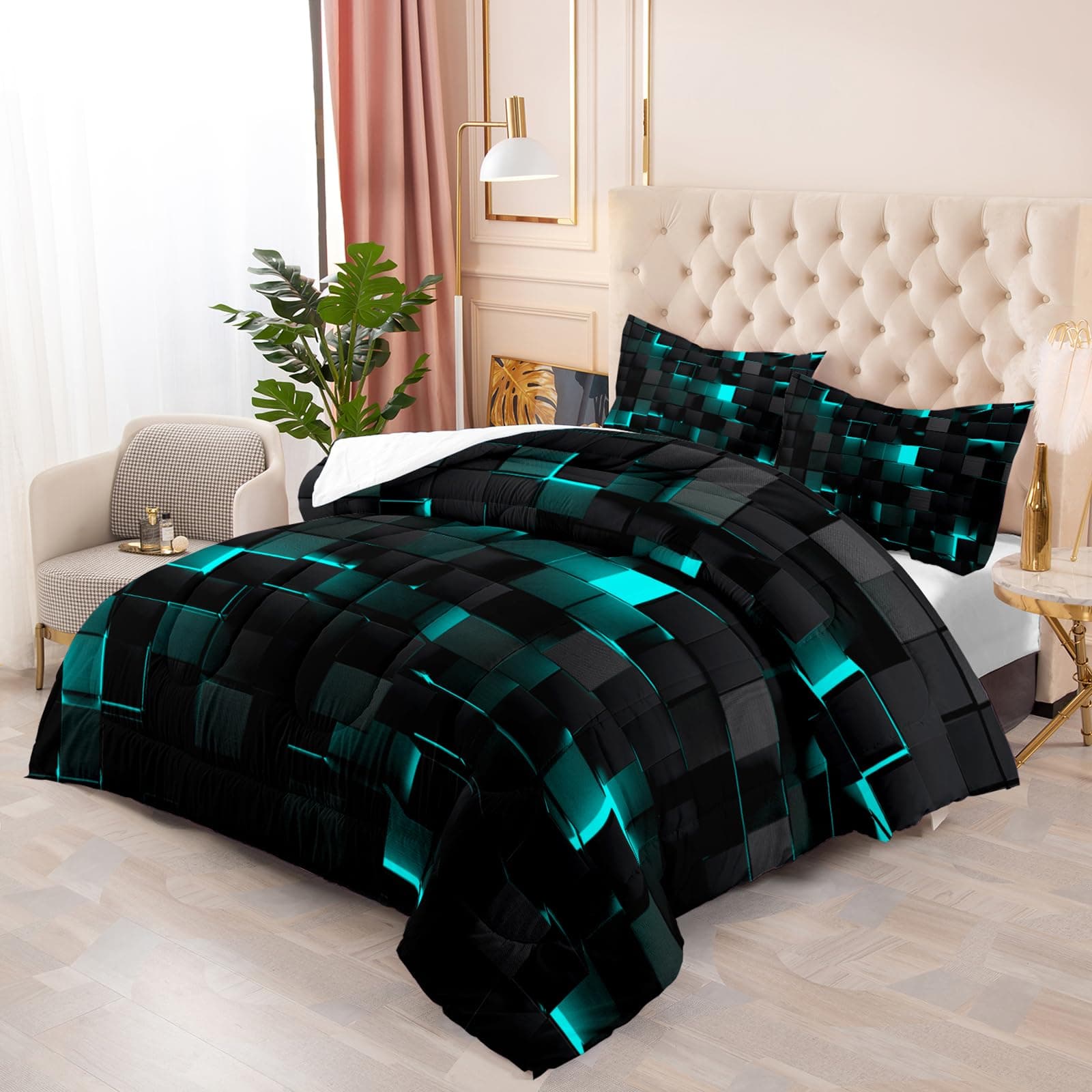 Geometric Turquoise Black King Size Comforter Set 1 Comforter 2 Pillowcases