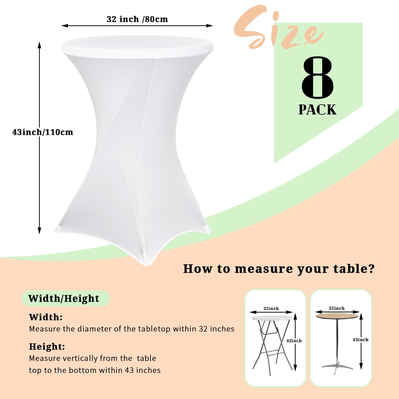 8 Pack Spandex Cocktail Table Covers 32"x43" White Square Corners for Bar - Thumbnail 3
