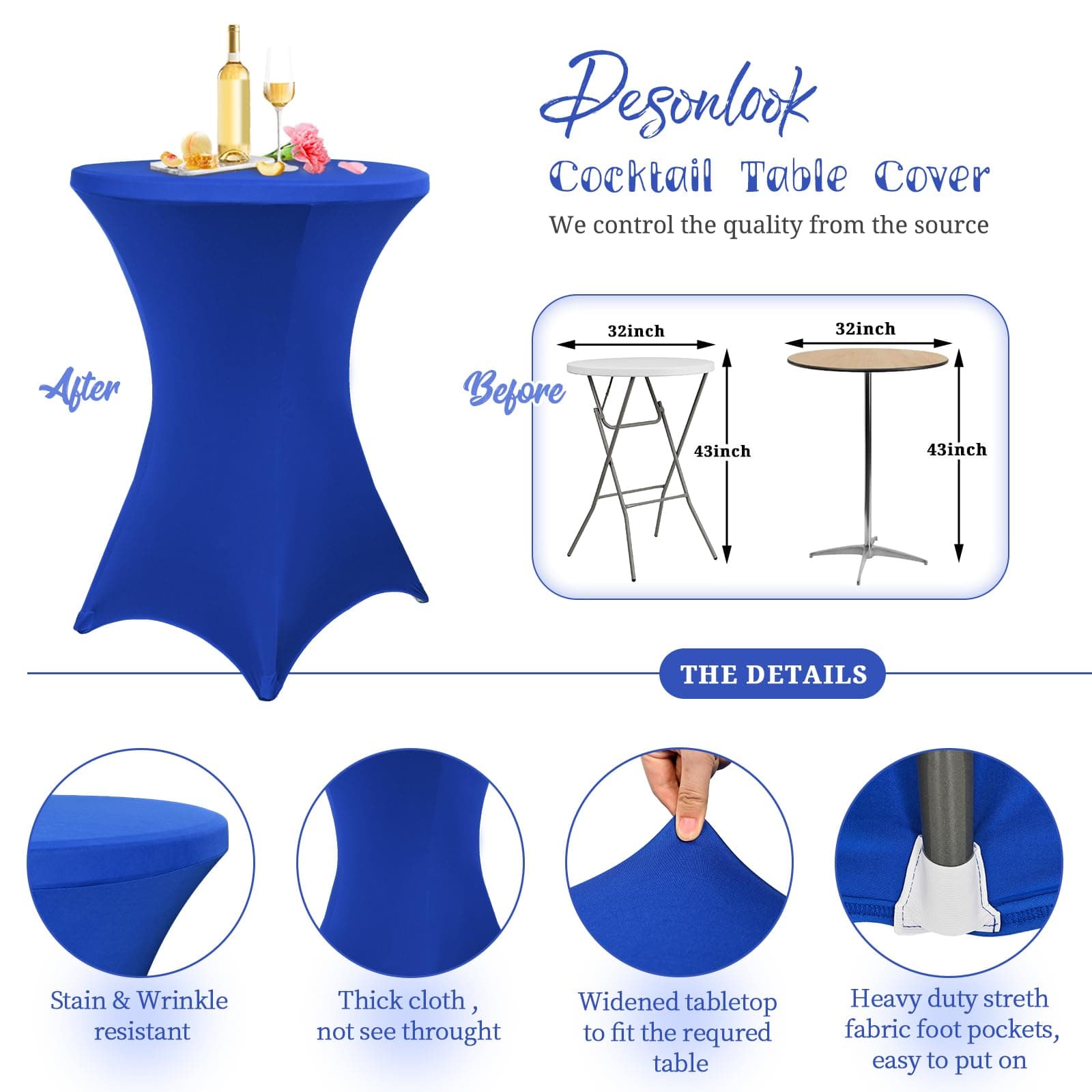 Pesonlook 10 Pack Spandex Tablecloth 32"x43" Royal Blue Fitted High Top Bar - Thumbnail 3