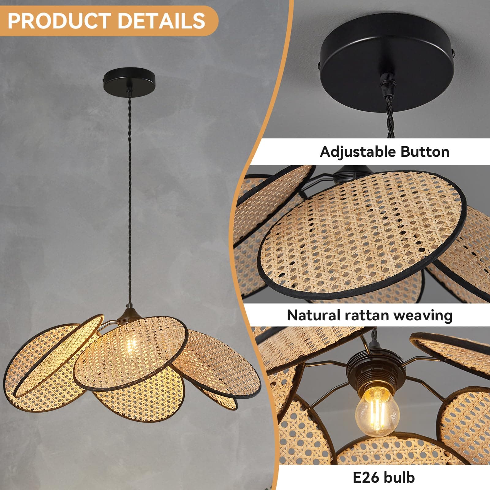 ADCTHOME 376-1 Boho Hemp Rope Rattan Pendant Light for Kitchen Bedroom - Thumbnail 3