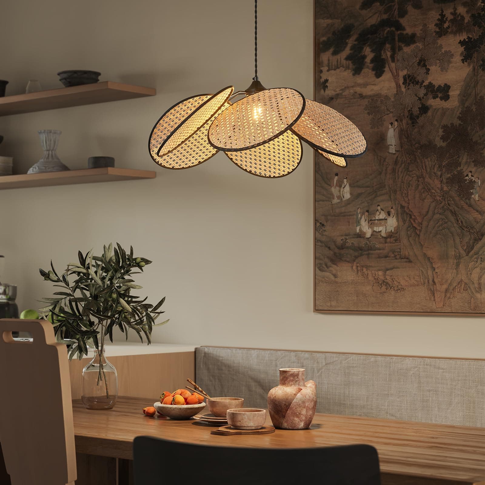ADCTHOME 376-1 Boho Hemp Rope Rattan Pendant Light for Kitchen Bedroom - Thumbnail 4