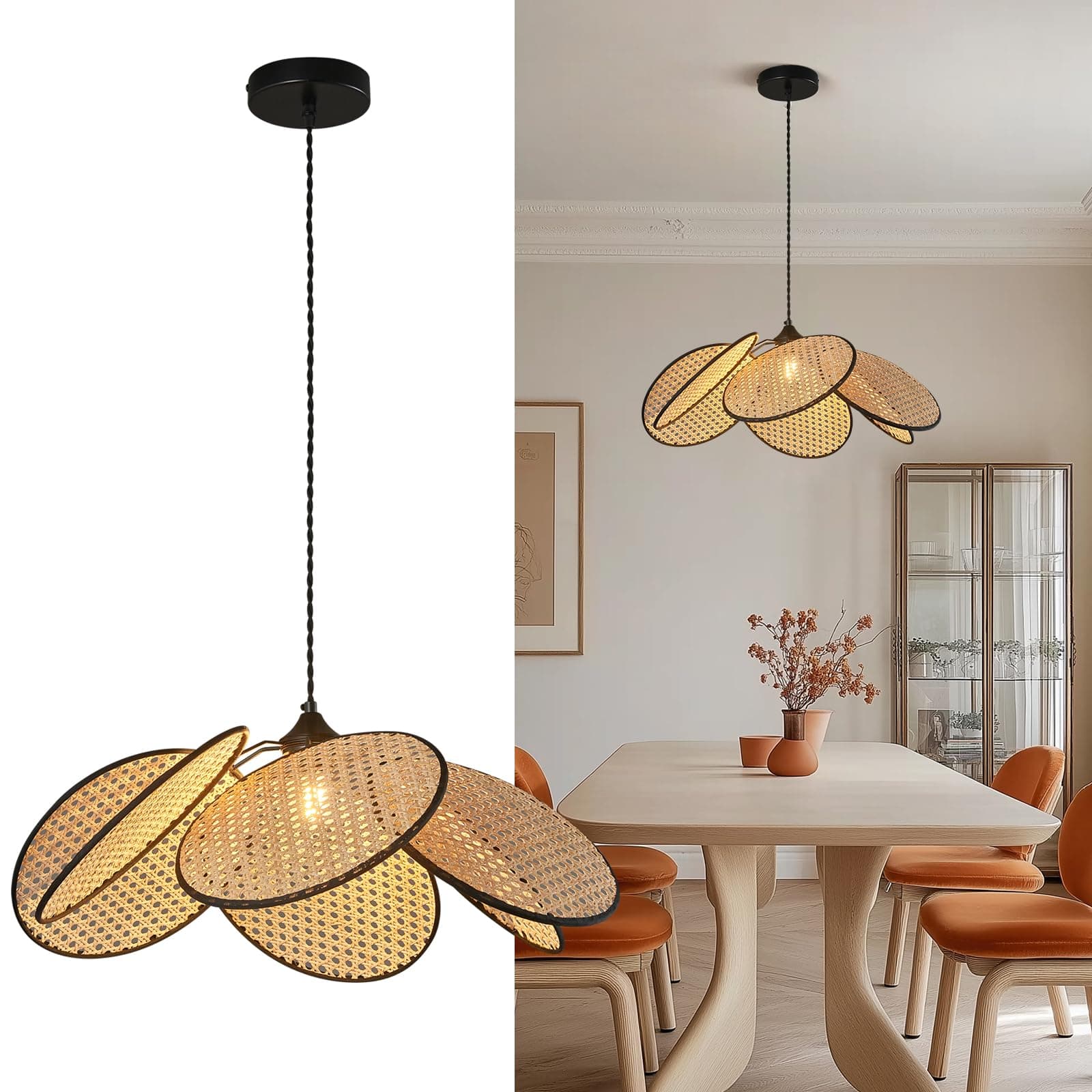 ADCTHOME 376-1 Boho Hemp Rope Rattan Pendant Light for Kitchen Bedroom