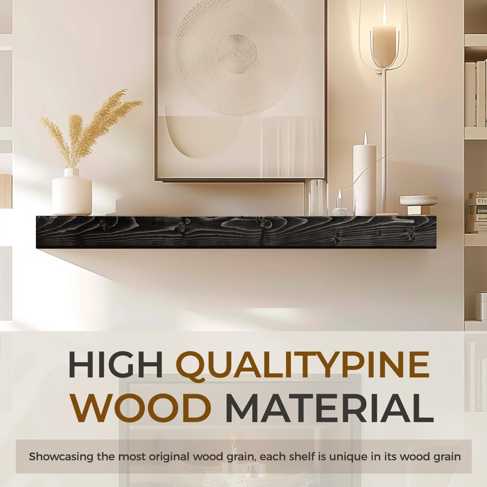 YLYHSST 48" Fireplace Mantel 3'' Thick Solid Wood Floating Shelf Black - Thumbnail 6
