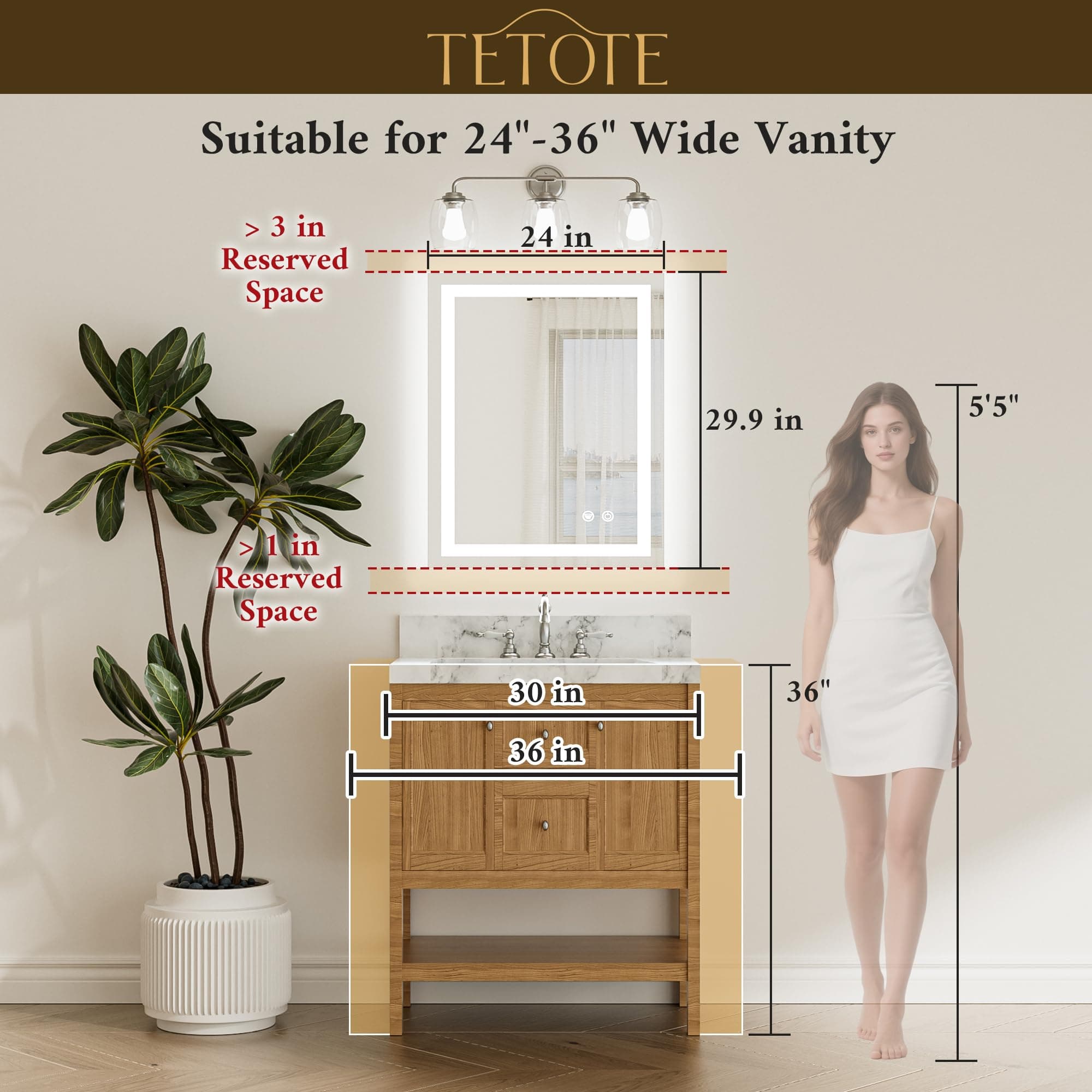TETOTE LED Bathroom Mirror 24x30 Inch Lighted Vanity Mirror Frontlit Backlit - Thumbnail 5