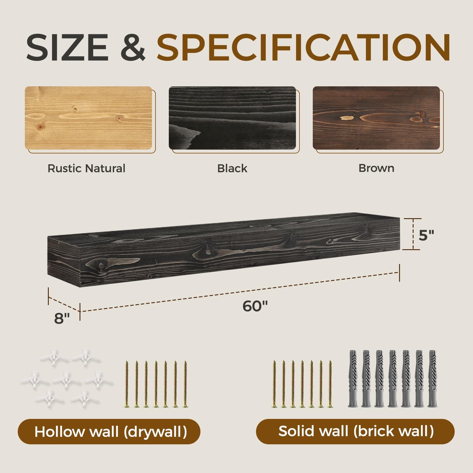 YLYHSST 60" Fireplace Mantel, 5" Thick Hollow Solid Wood Floating Shelf, Black - Thumbnail 2