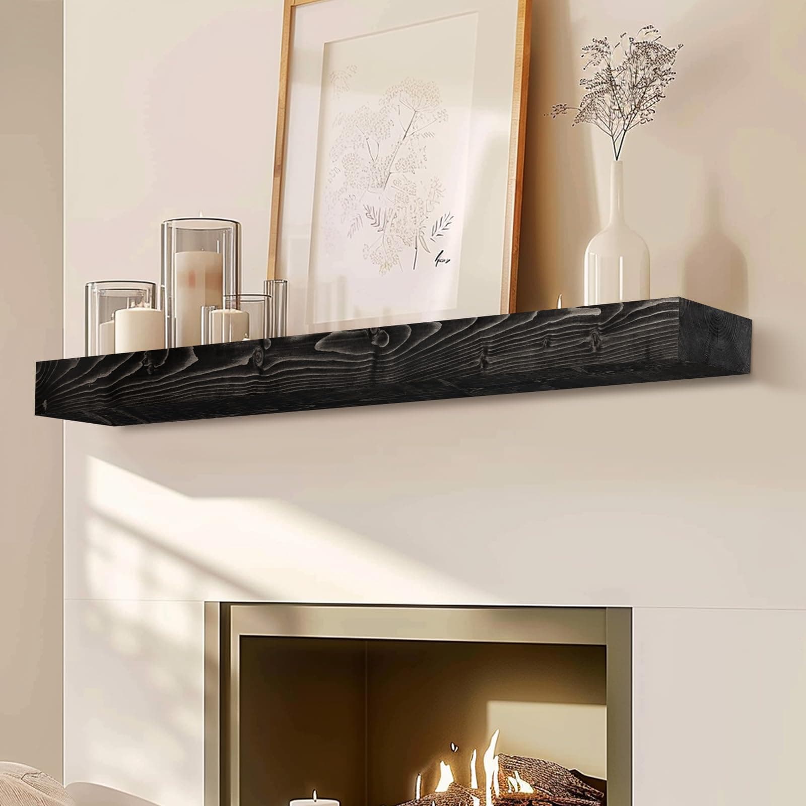 YLYHSST 48" Fireplace Mantel 3'' Thick Solid Wood Floating Shelf Black - Thumbnail 4
