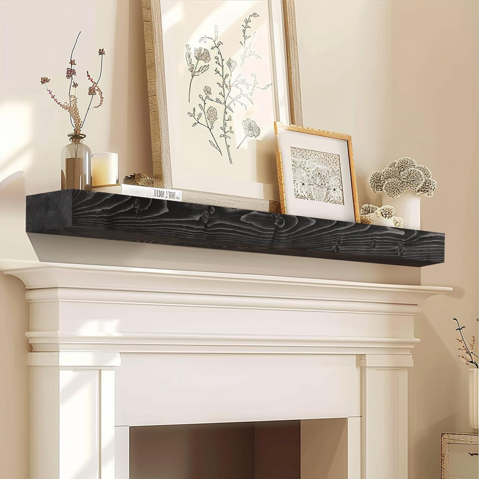 YLYHSST 48" Fireplace Mantel 3'' Thick Solid Wood Floating Shelf Black