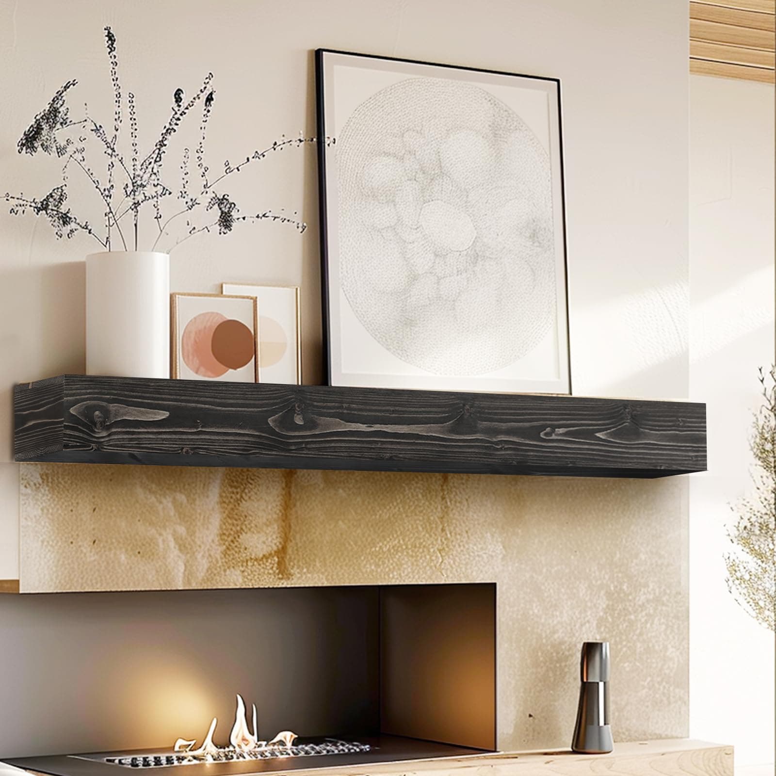 YLYHSST 60" Fireplace Mantel, 5" Thick Hollow Solid Wood Floating Shelf, Black