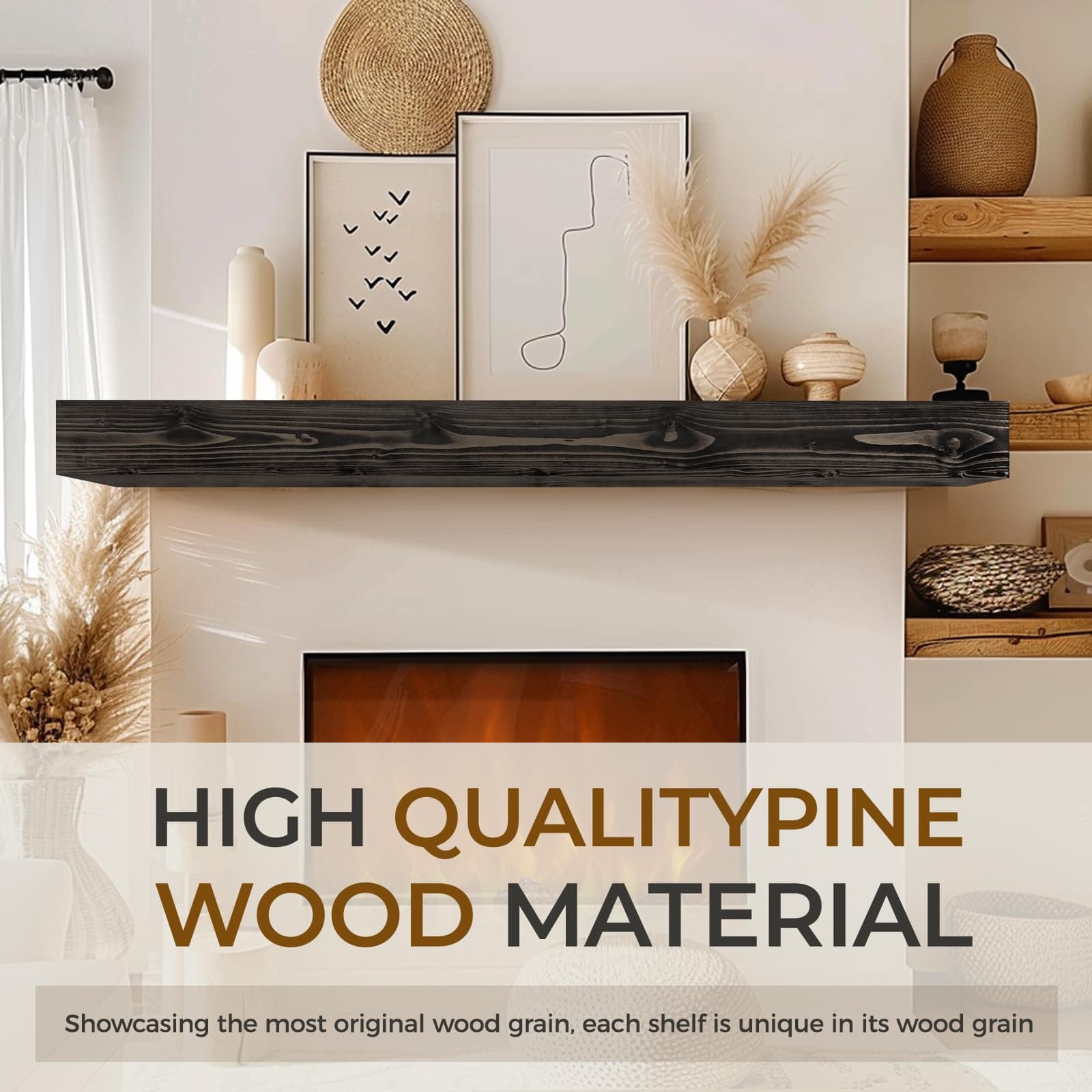 YLYHSST 60" Fireplace Mantel, 5" Thick Hollow Solid Wood Floating Shelf, Black - Thumbnail 6