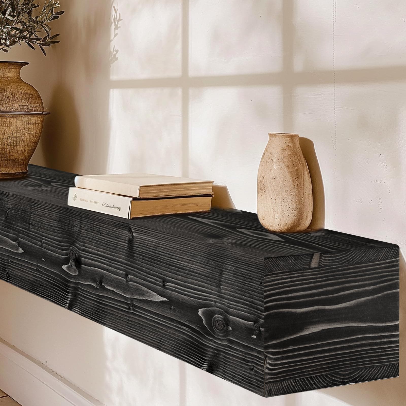 YLYHSST 60" Fireplace Mantel, 5" Thick Hollow Solid Wood Floating Shelf, Black - Thumbnail 5