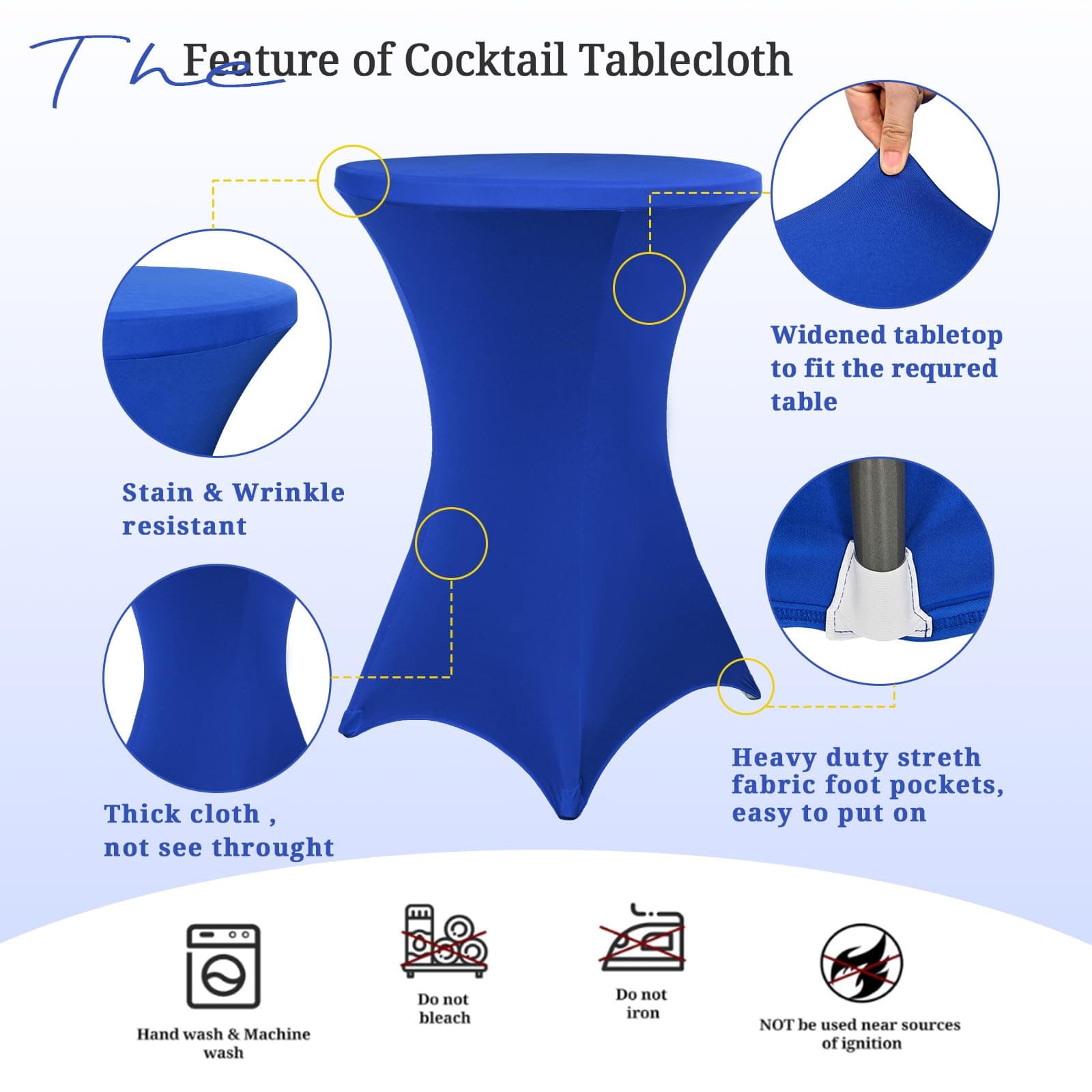 Pesonlook 10 Pack Spandex Tablecloth 32"x43" Royal Blue Fitted High Top Bar - Thumbnail 4
