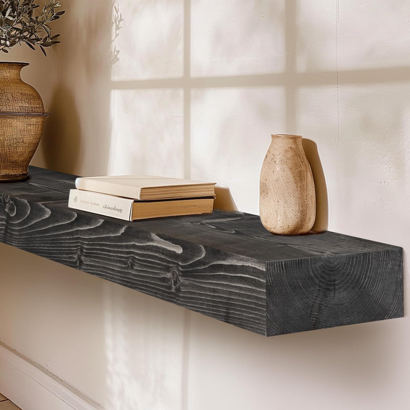 YLYHSST 48" Fireplace Mantel 3'' Thick Solid Wood Floating Shelf Black - Thumbnail 5