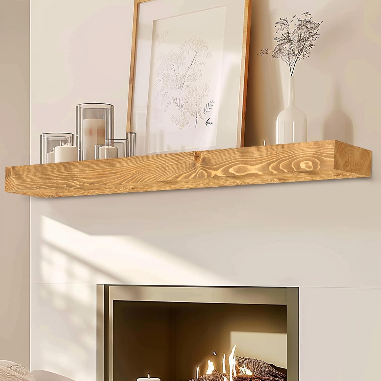 YLYHSST 60" Fireplace Mantel 3'' Thick Solid Wood Floating Shelf Invisible