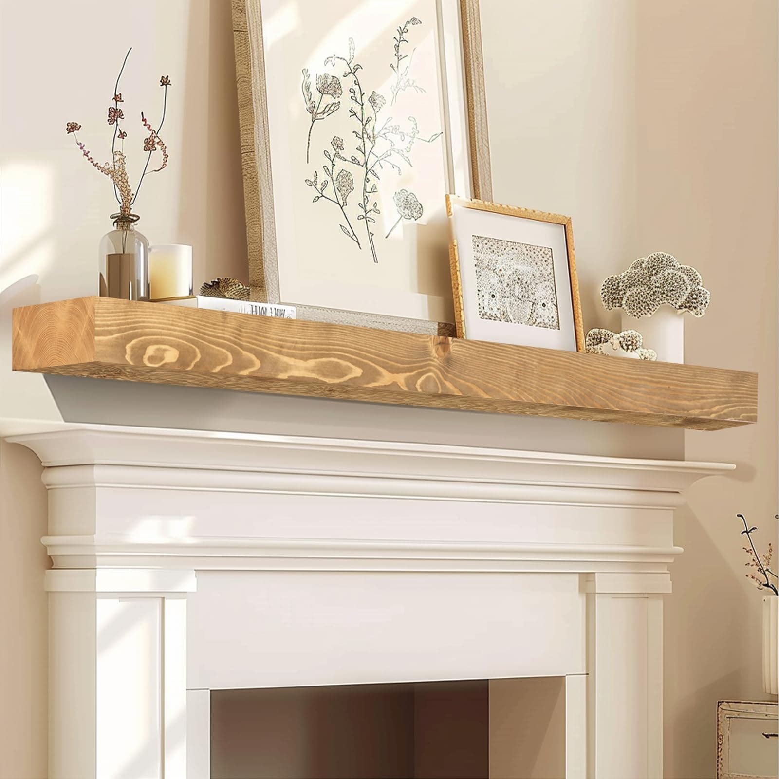 YLYHSST 60" Fireplace Mantel 3'' Thick Solid Wood Floating Shelf Invisible - Thumbnail 5