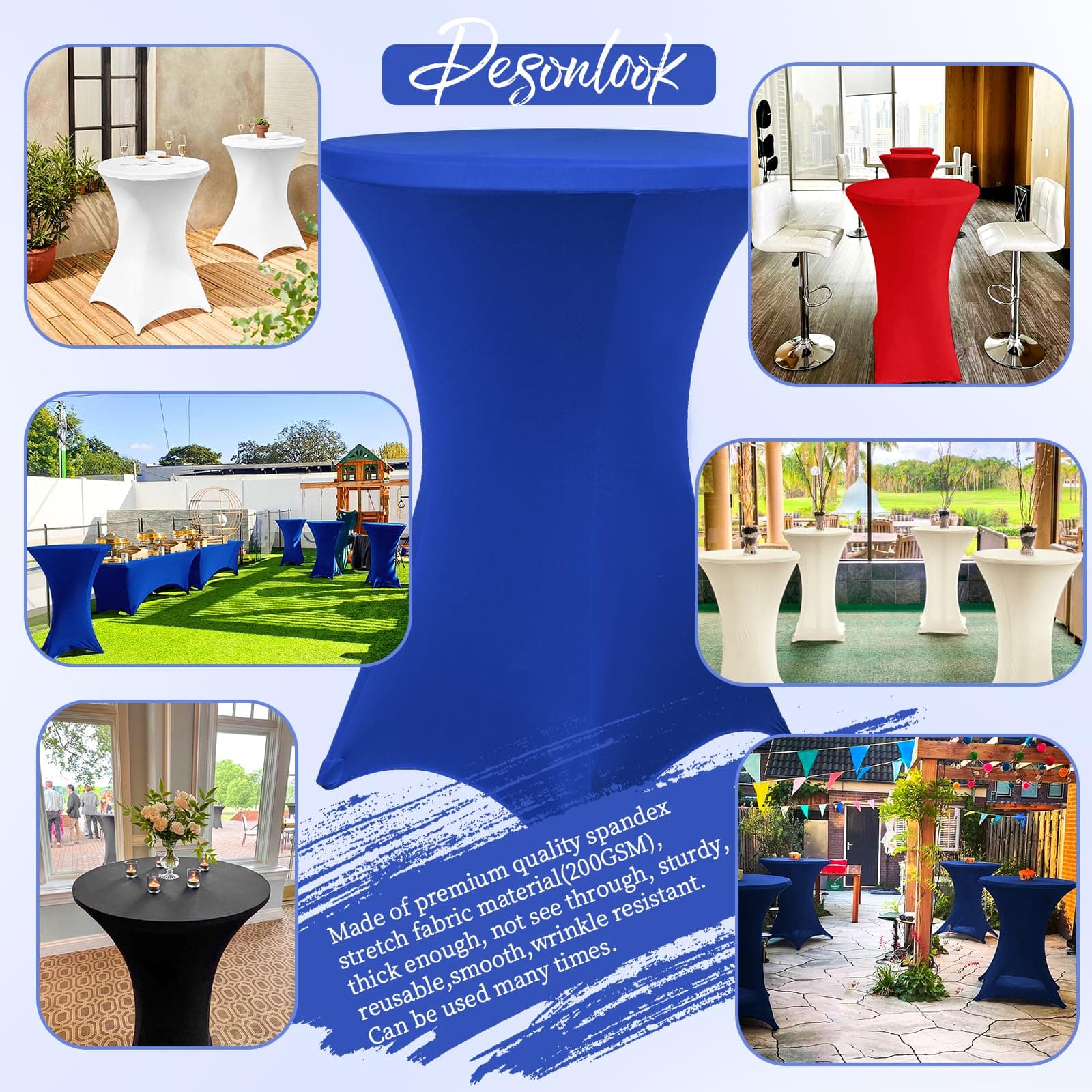 Pesonlook 10 Pack Spandex Tablecloth 32"x43" Royal Blue Fitted High Top Bar - Thumbnail 5