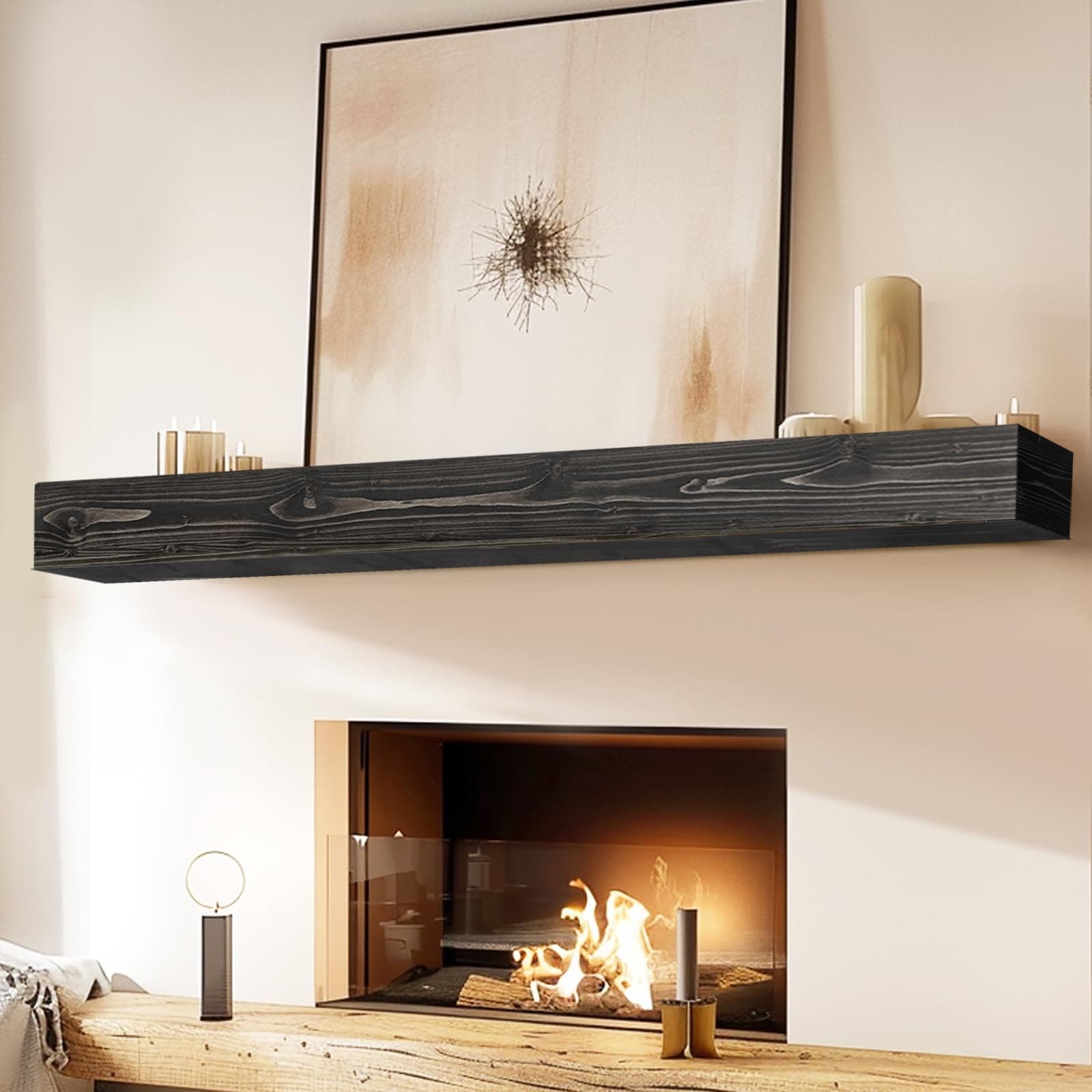YLYHSST 60" Fireplace Mantel, 5" Thick Hollow Solid Wood Floating Shelf, Black - Thumbnail 4