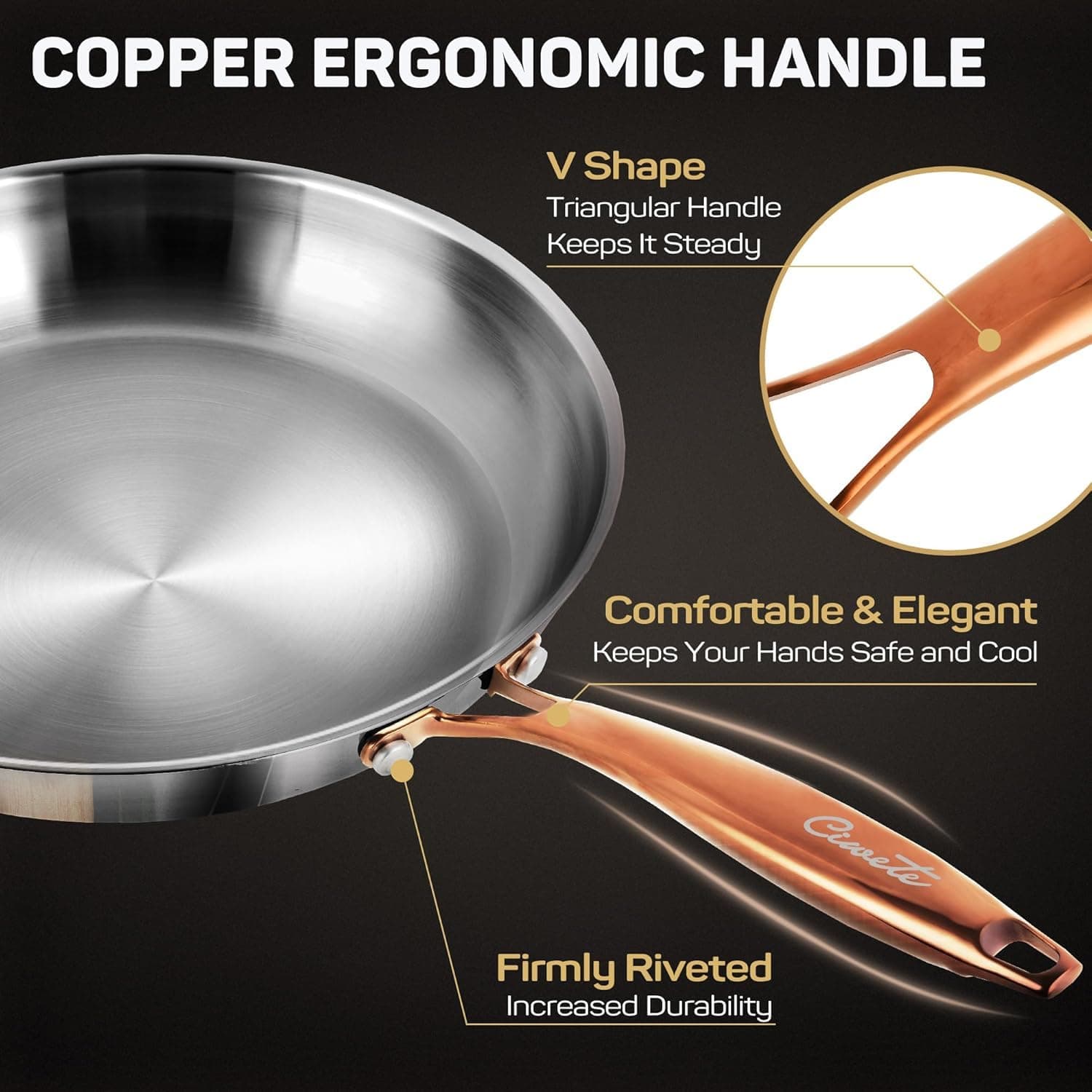 ciwete 12 Inch Tri-Ply Stainless Steel Frying Pan with Brass Cool Handle - Thumbnail 3