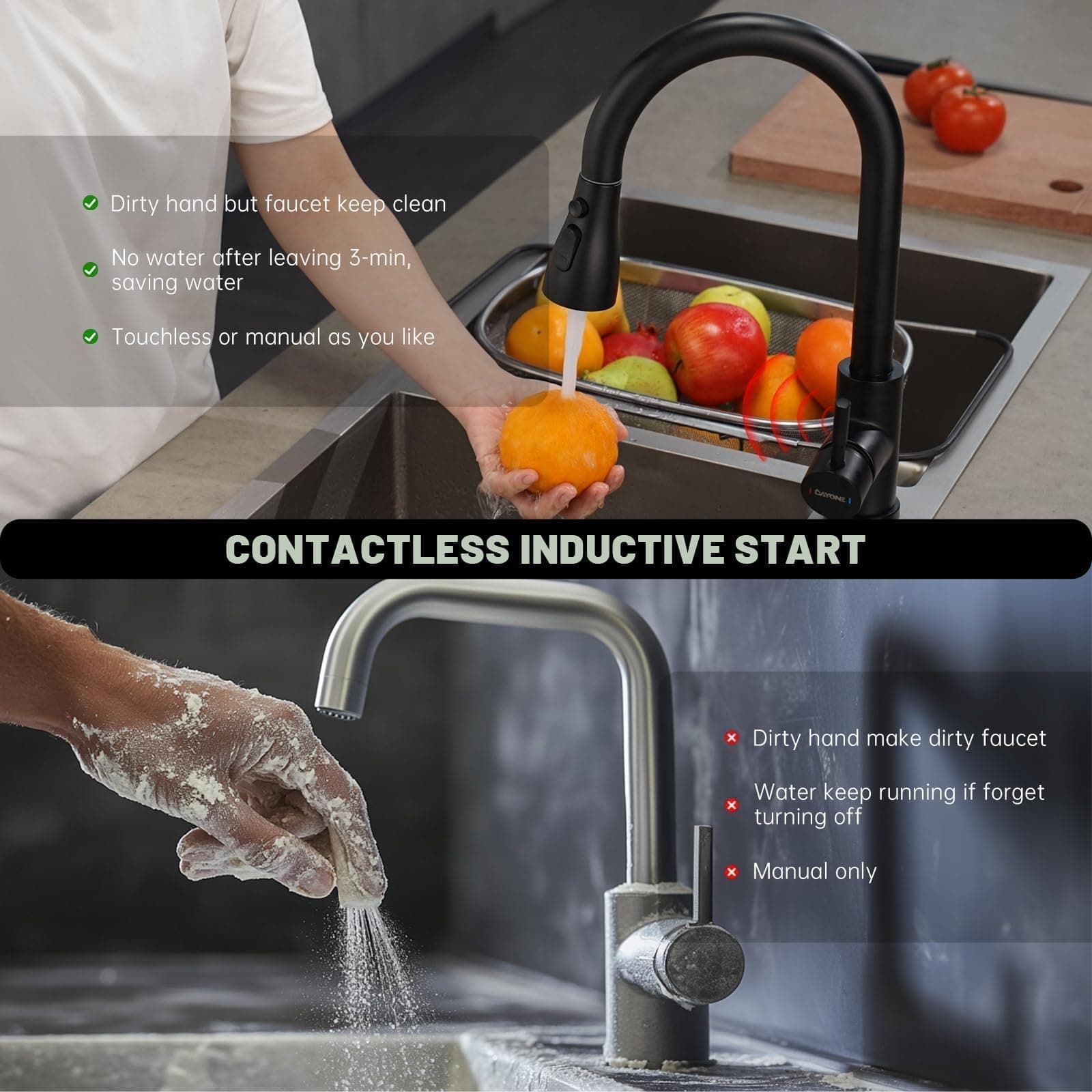 DAYONE Touchless Kitchen Faucet Black Pull Down Sprayer Soap Dispenser - Thumbnail 5