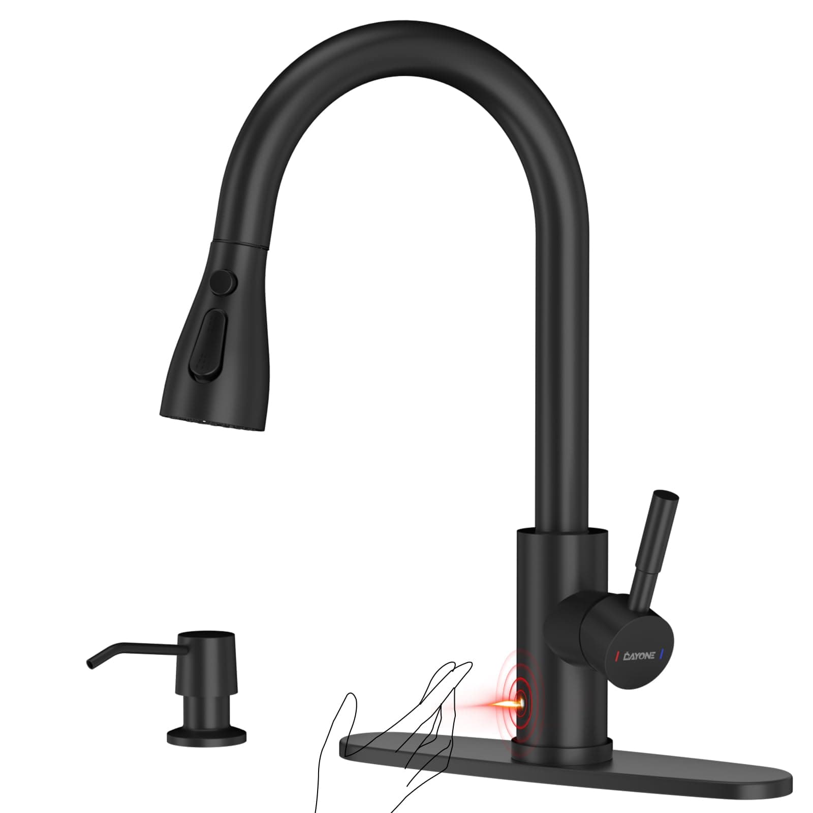 DAYONE Touchless Kitchen Faucet Black Pull Down Sprayer Soap Dispenser