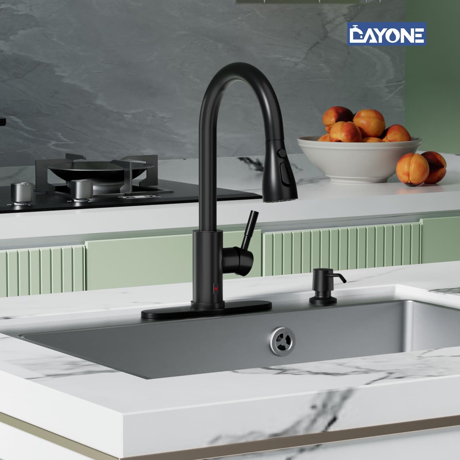DAYONE Touchless Kitchen Faucet Black Pull Down Sprayer Soap Dispenser - Thumbnail 8