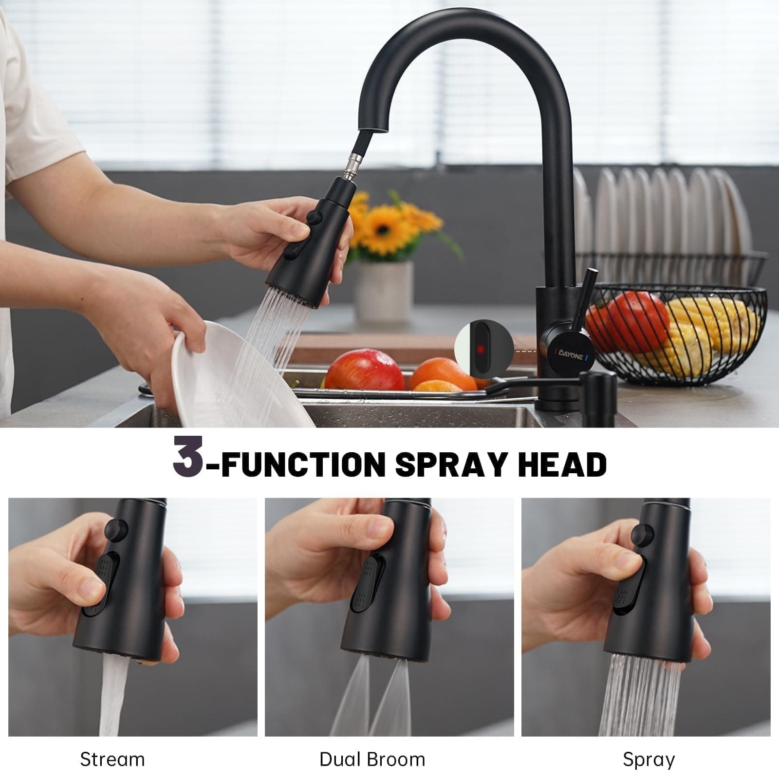 DAYONE Touchless Kitchen Faucet Black Pull Down Sprayer Soap Dispenser - Thumbnail 4