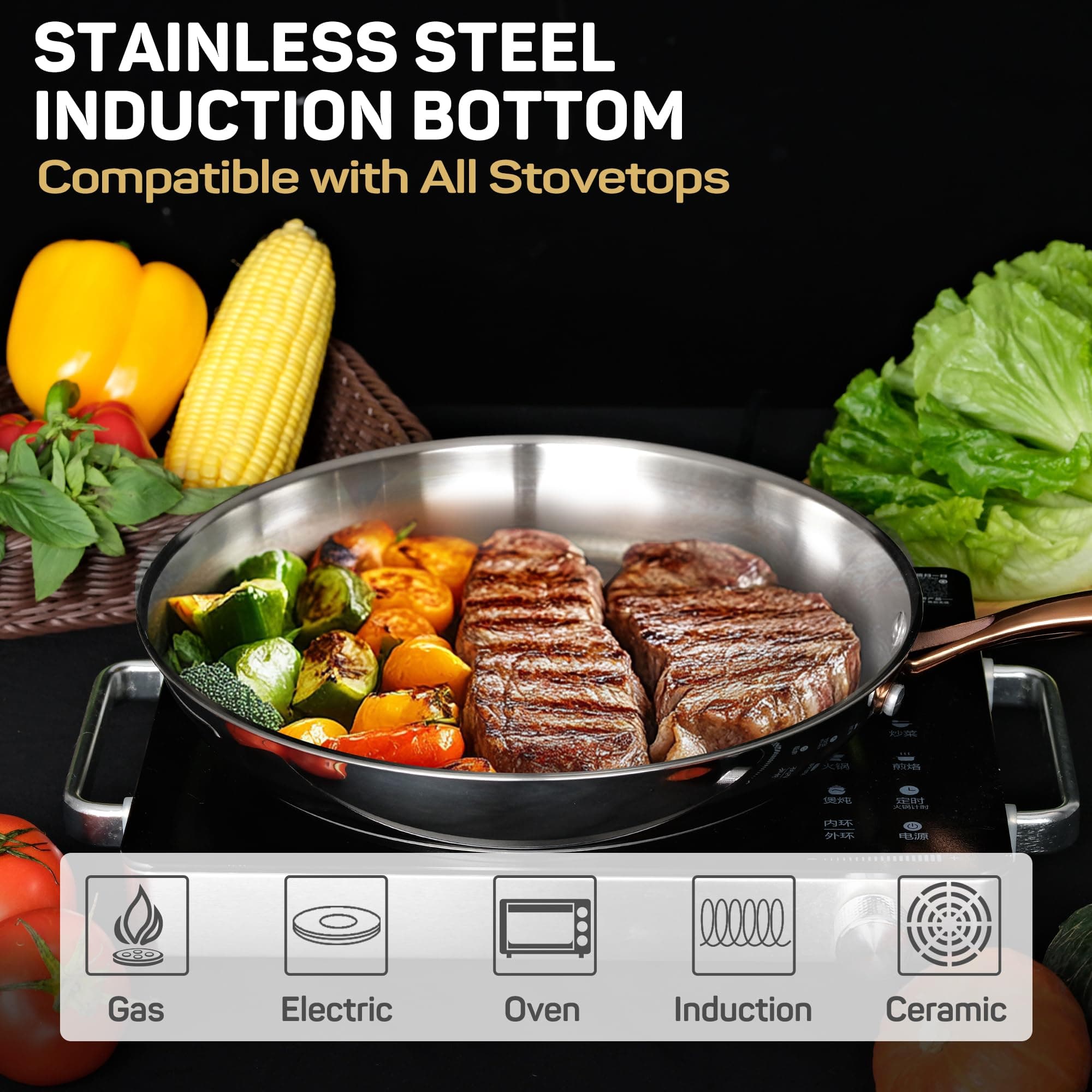 ciwete 12 Inch Tri-Ply Stainless Steel Frying Pan with Brass Cool Handle - Thumbnail 5