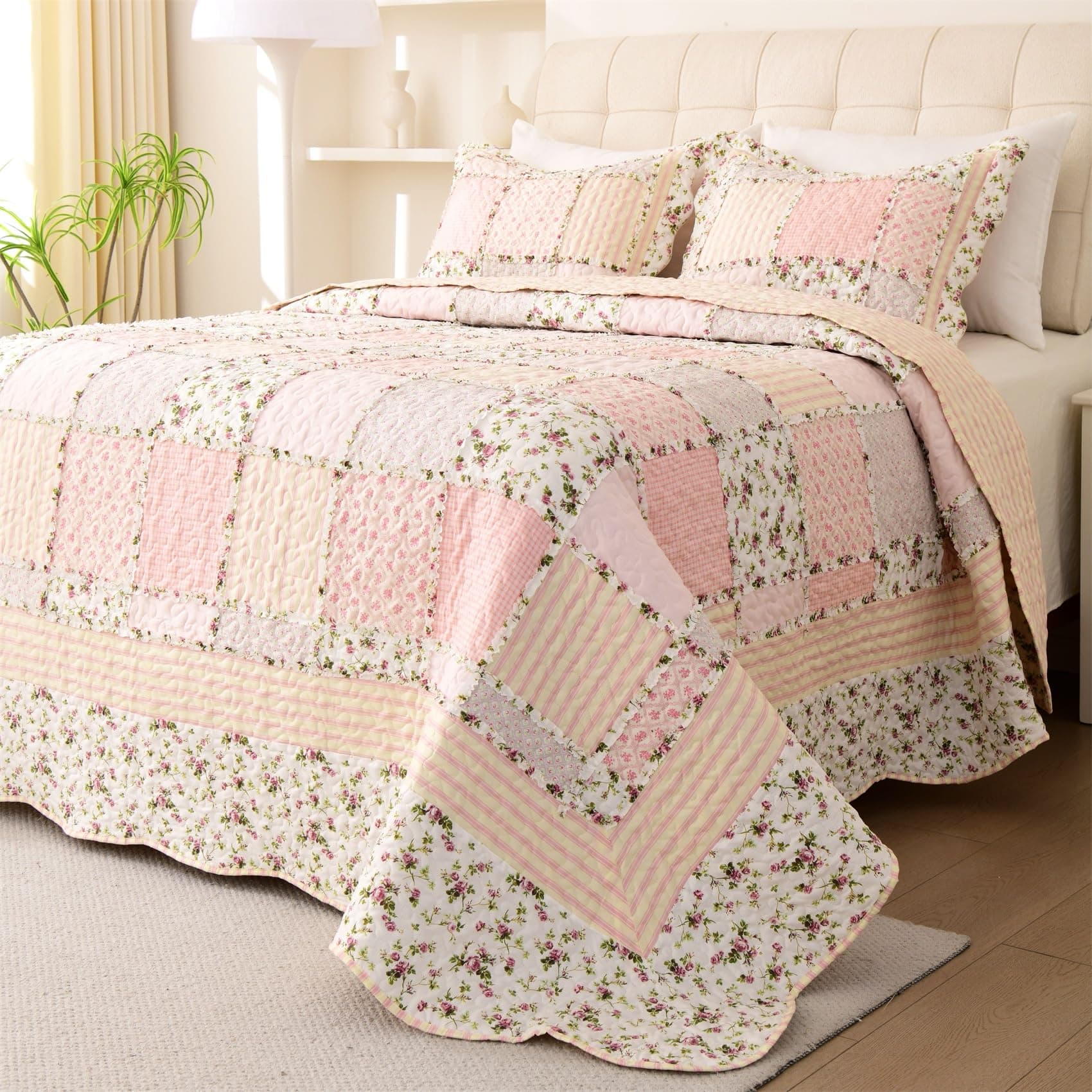 Cmfshape 3 Piece Patchwork Pink Quilt Set King Size with 2 Pillow Shams 106x96