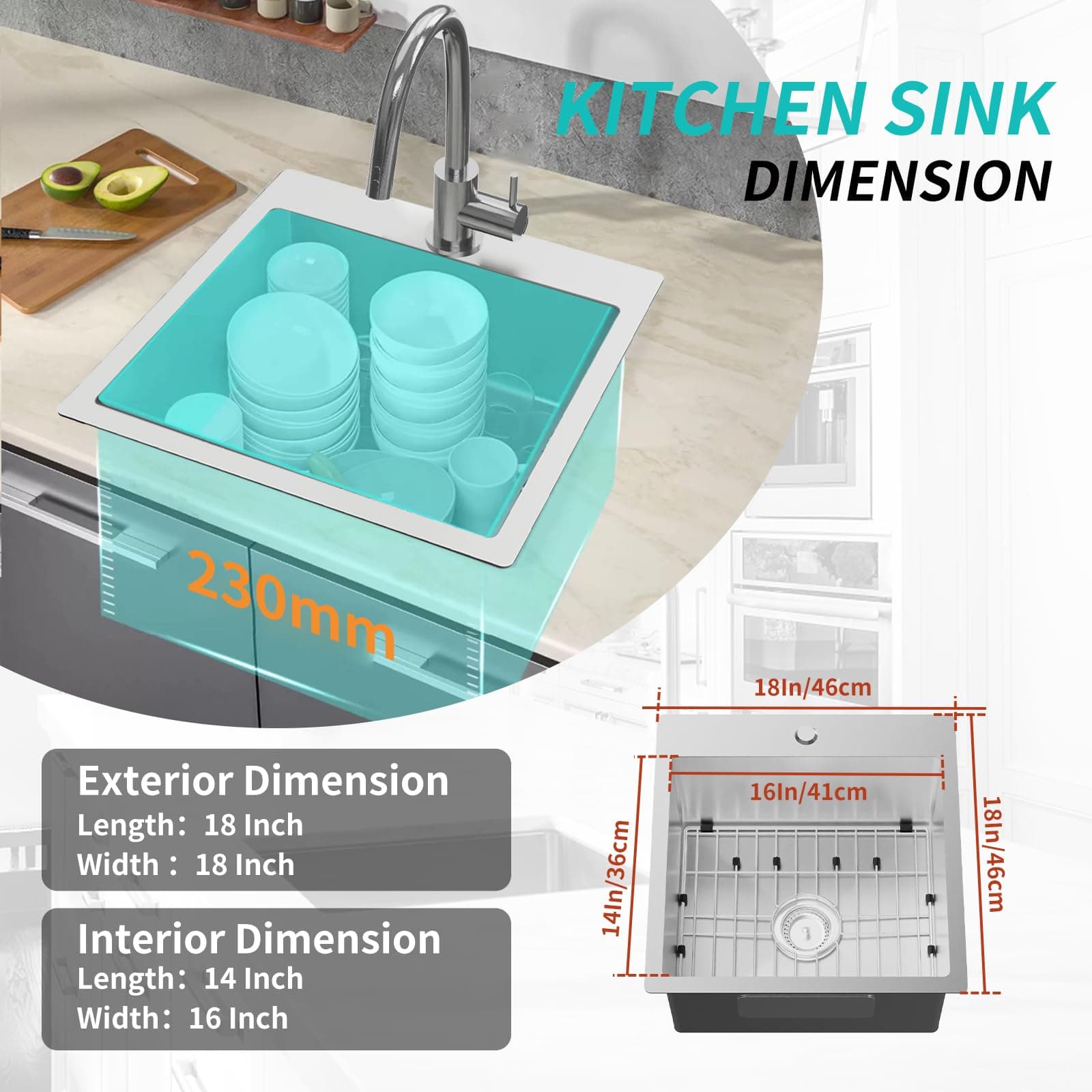 FAUENPEEY 18 x 18 Inch Stainless Steel Drop In Top Mount Single Bowl Kitchen - Thumbnail 5