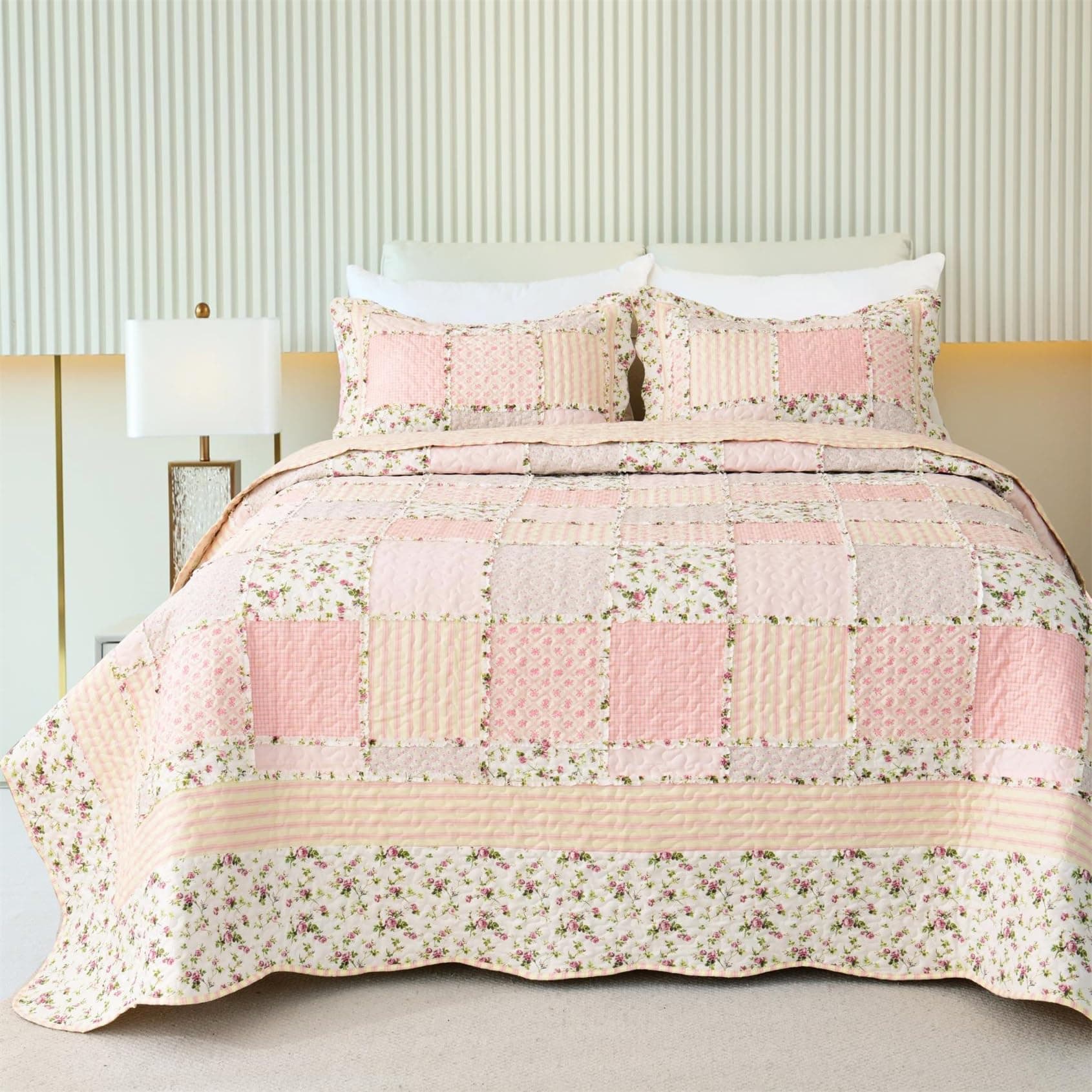 Cmfshape 3 Piece Patchwork Pink Quilt Set King Size with 2 Pillow Shams 106x96 - Thumbnail 2