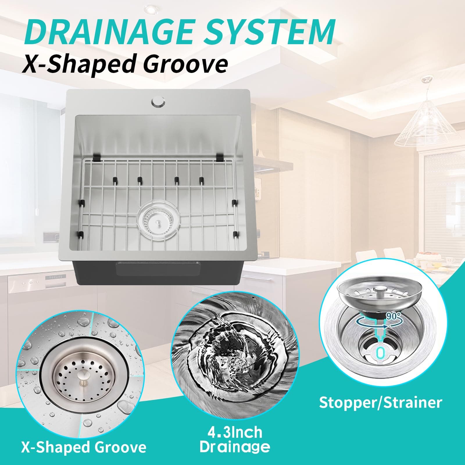 FAUENPEEY 18 x 18 Inch Stainless Steel Drop In Top Mount Single Bowl Kitchen - Thumbnail 4