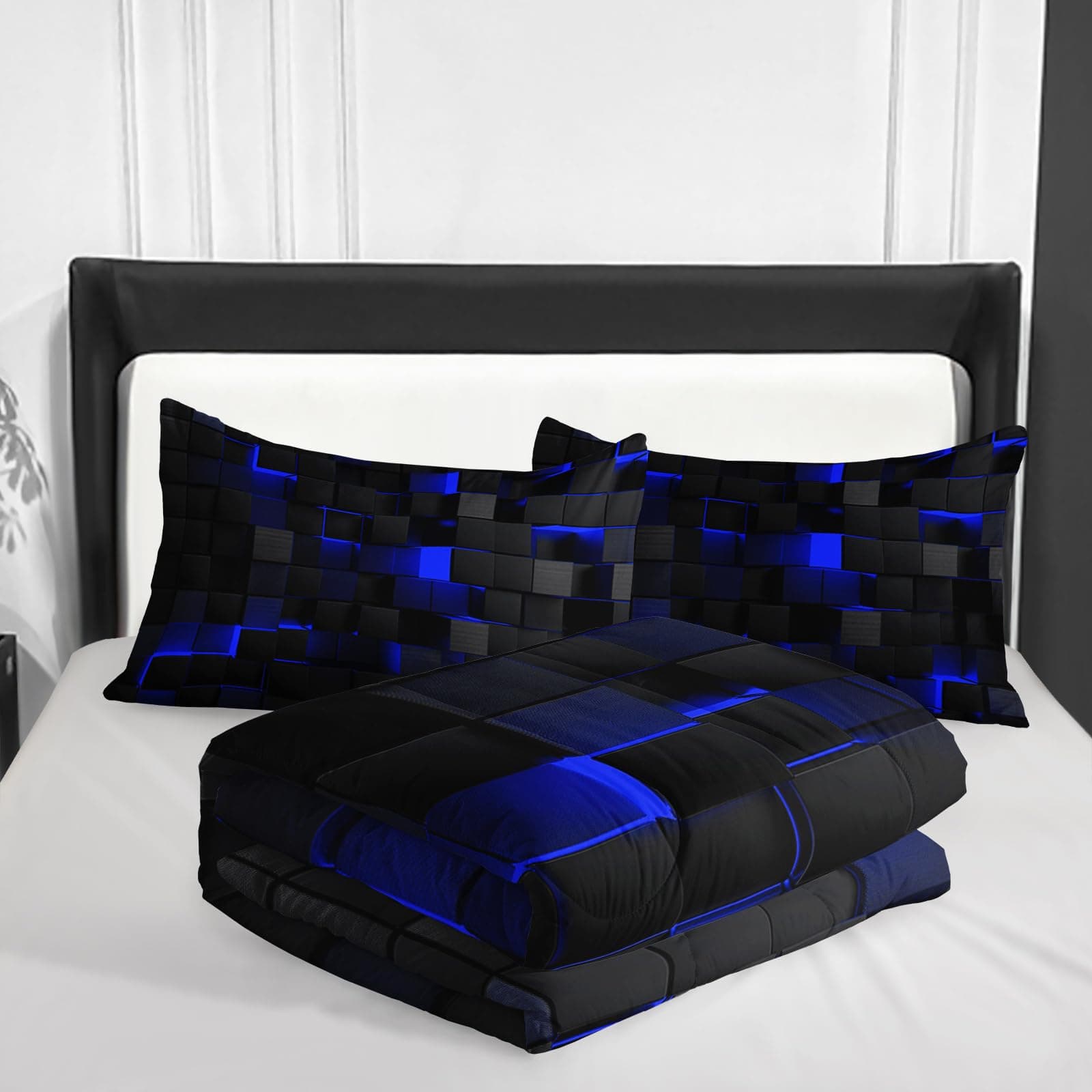 Nttopship Geometric Blue Black Comforter Set King Size 3 Piece Microfiber All - Thumbnail 4