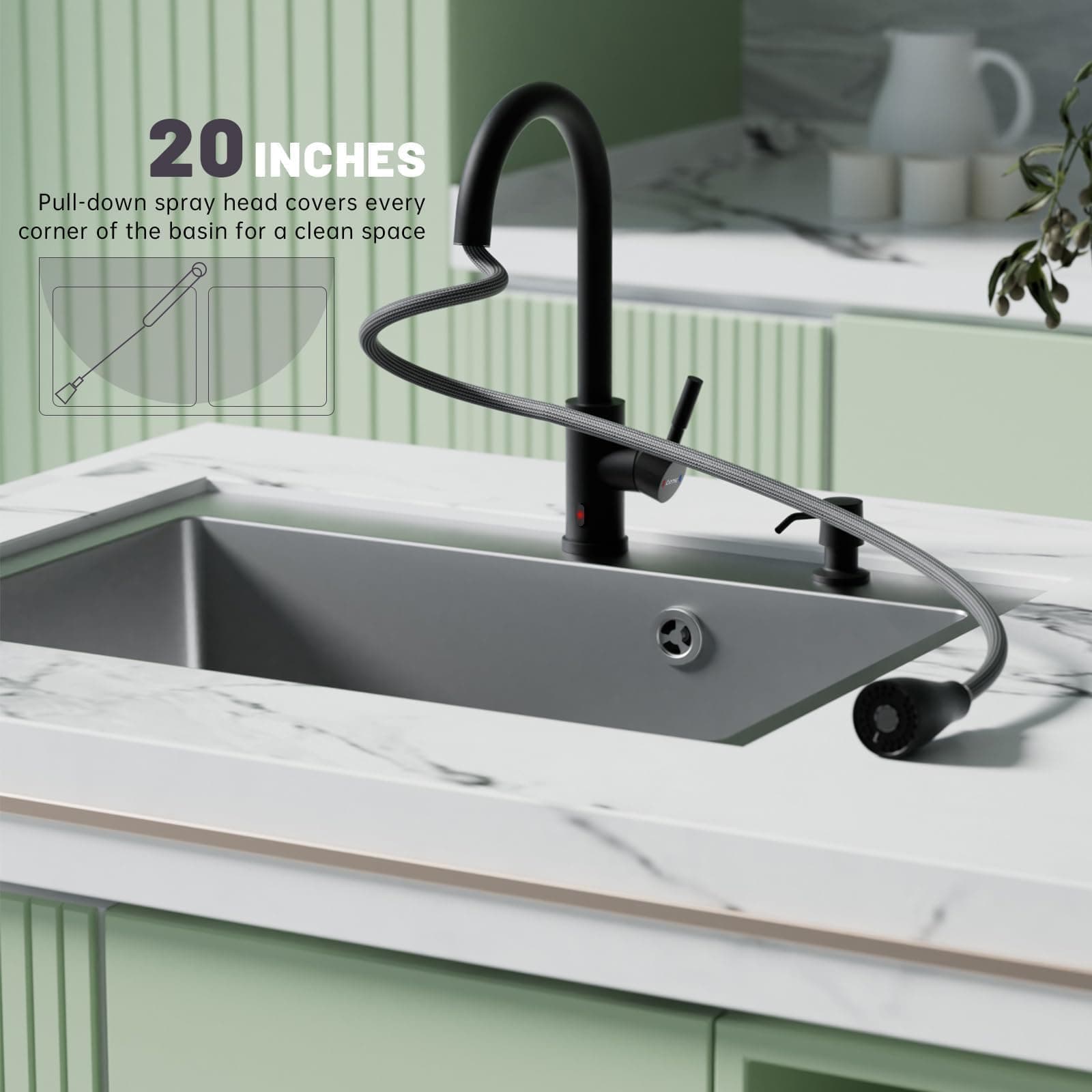 DAYONE Touchless Kitchen Faucet Black Pull Down Sprayer Soap Dispenser - Thumbnail 6