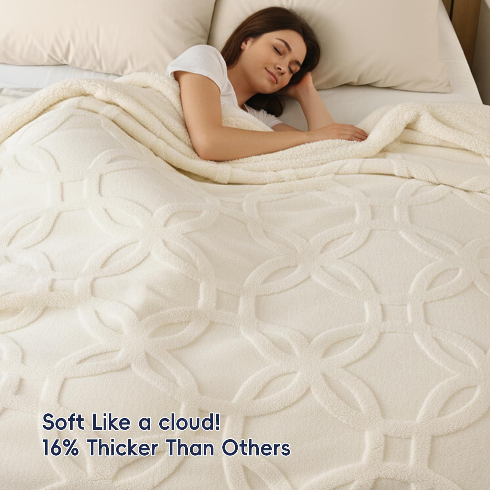 PHF Sherpa Fleece Blanket Queen Size 90" x 90" 510GSM Cream - Thumbnail 2